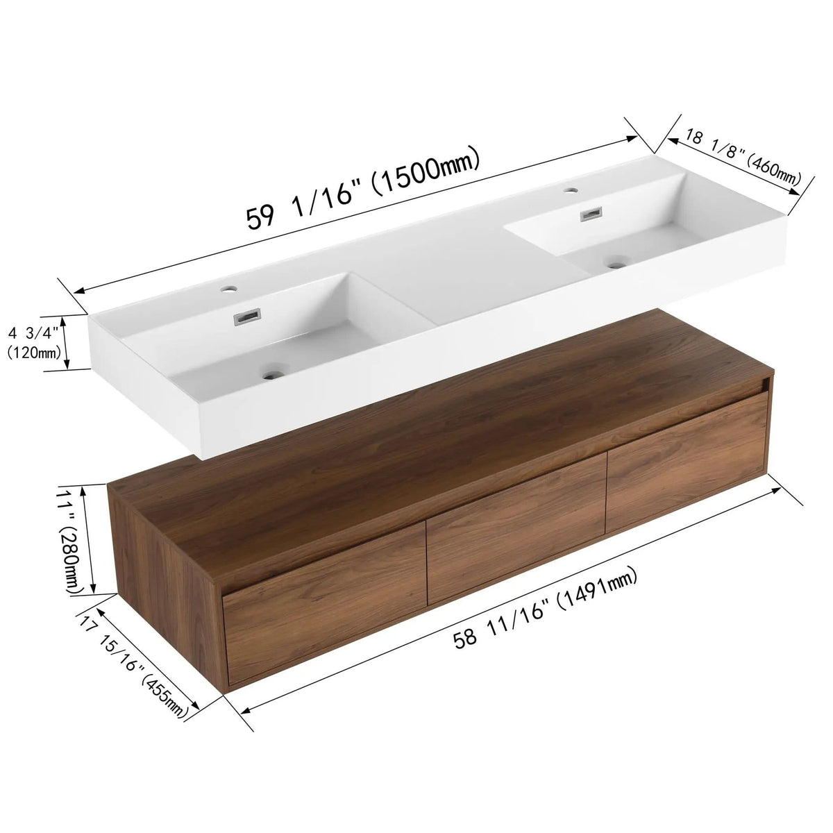 Contemporary Wall Mounted Bathroom Vanity With Dual Resin Sink And Soft Close Drawer | 2 Pieces | Plywood & Resin | Bathroom