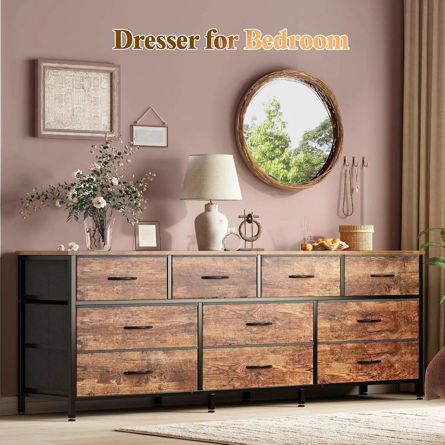63 Inch Dresser With Durable Fabric Drawers In Rustic Brown from PriceLows™