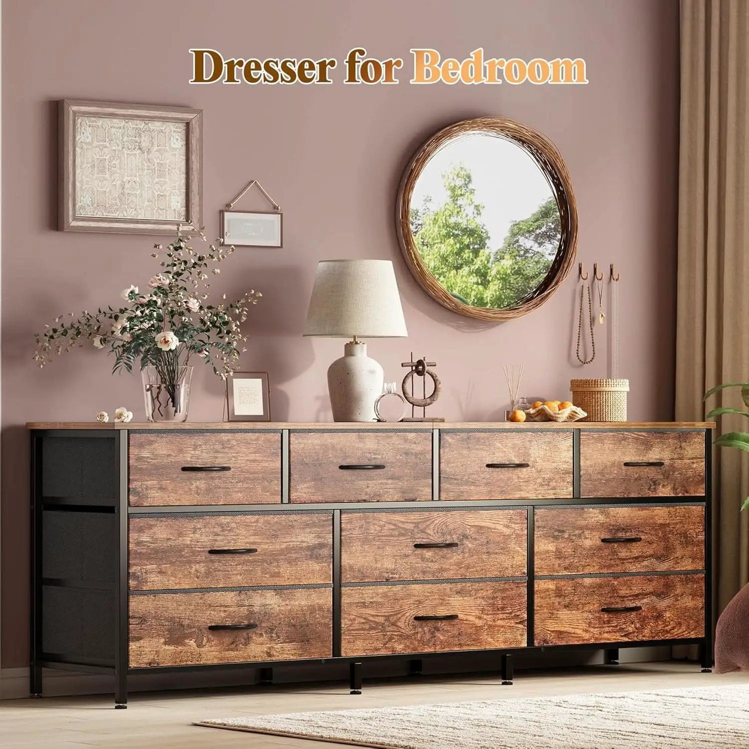 63 Inch Dresser With Durable Fabric Drawers In Rustic Brown from PriceLows™
