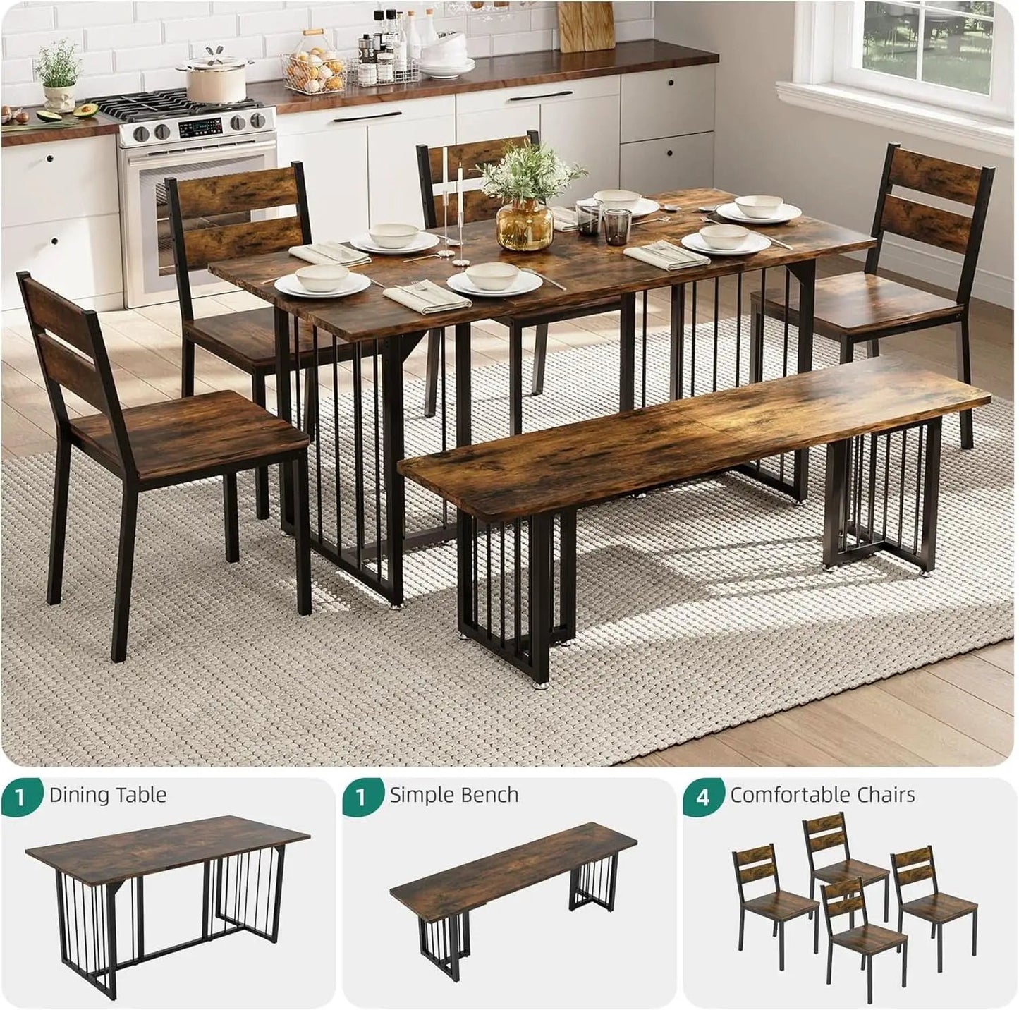 63 Inches Luxurious Farmhouse Dining Table Set Walnut from PriceLows™