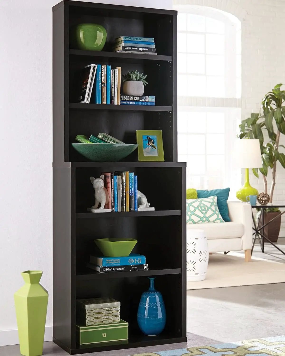 Tall Bookshelf Black Walnut Finish With Adjustable Shelves from PriceLows™