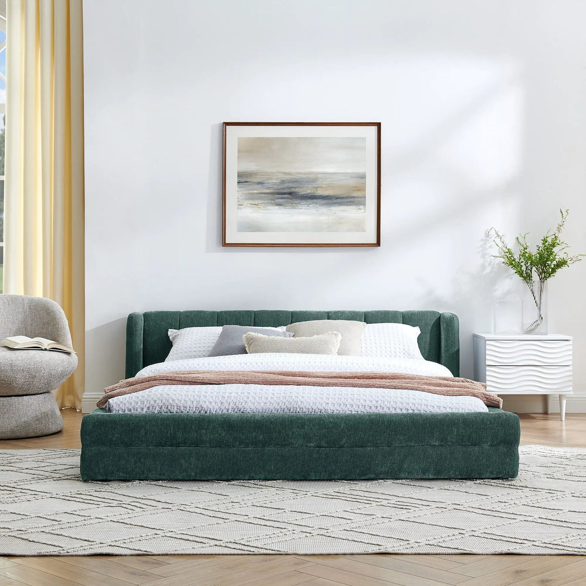 Modern Upholstered Bed Frame | Queen Size | Thick Fabric Upholstery | Grounded Headboard Design