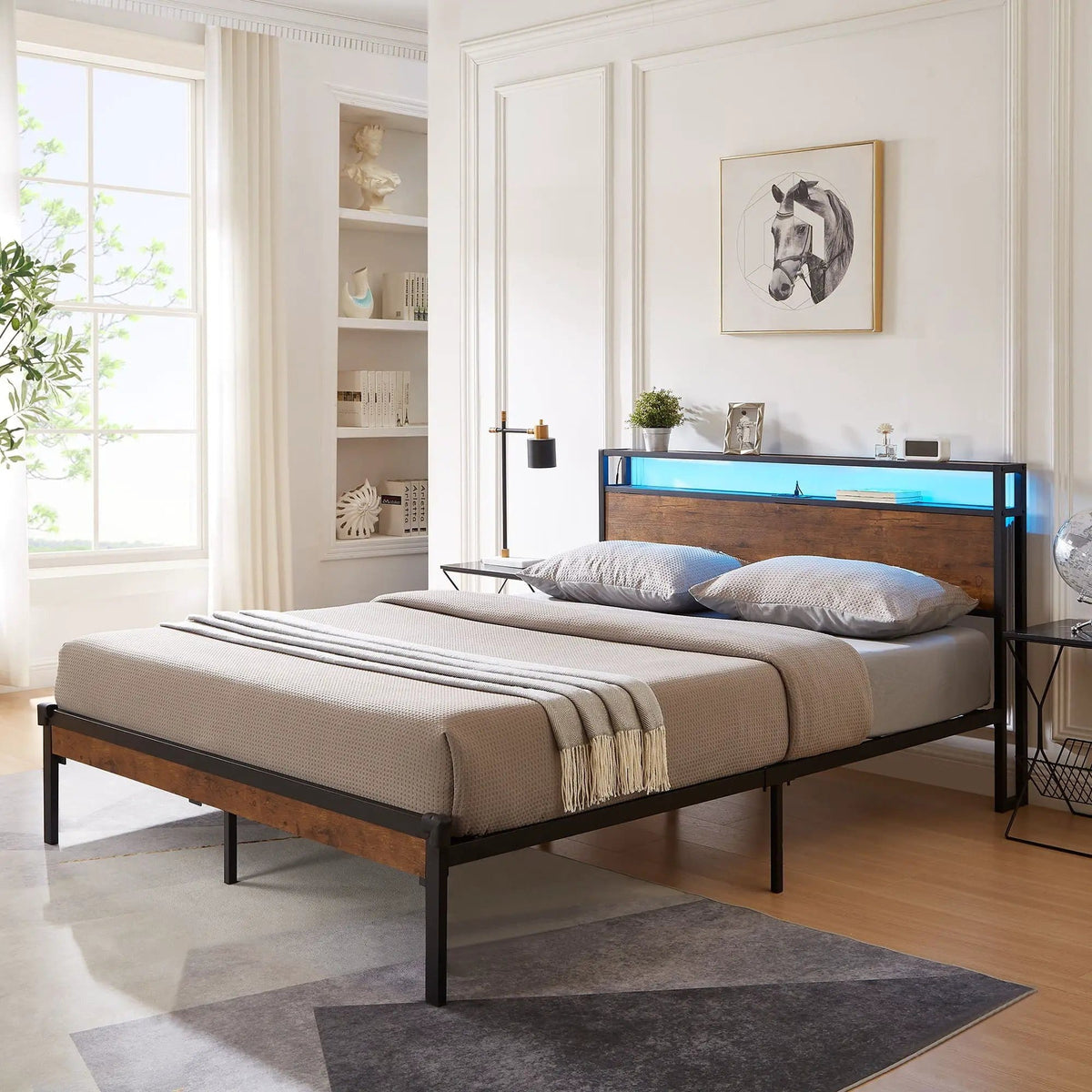 Metal Platform Bed Frame With Wooden Headboard And Footboard With USB Liner, LED | 2 Pieces | Metal | Bedroom