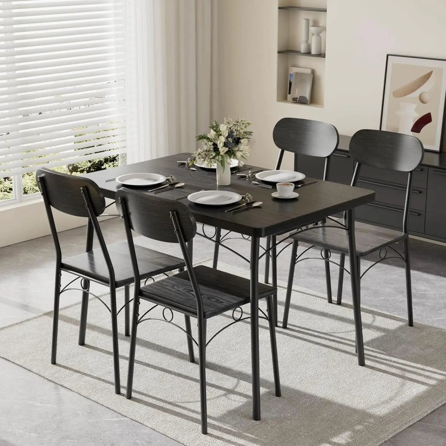 Black MDF Space Saving Dining Room Table Set With Chairs For Four from PriceLows™