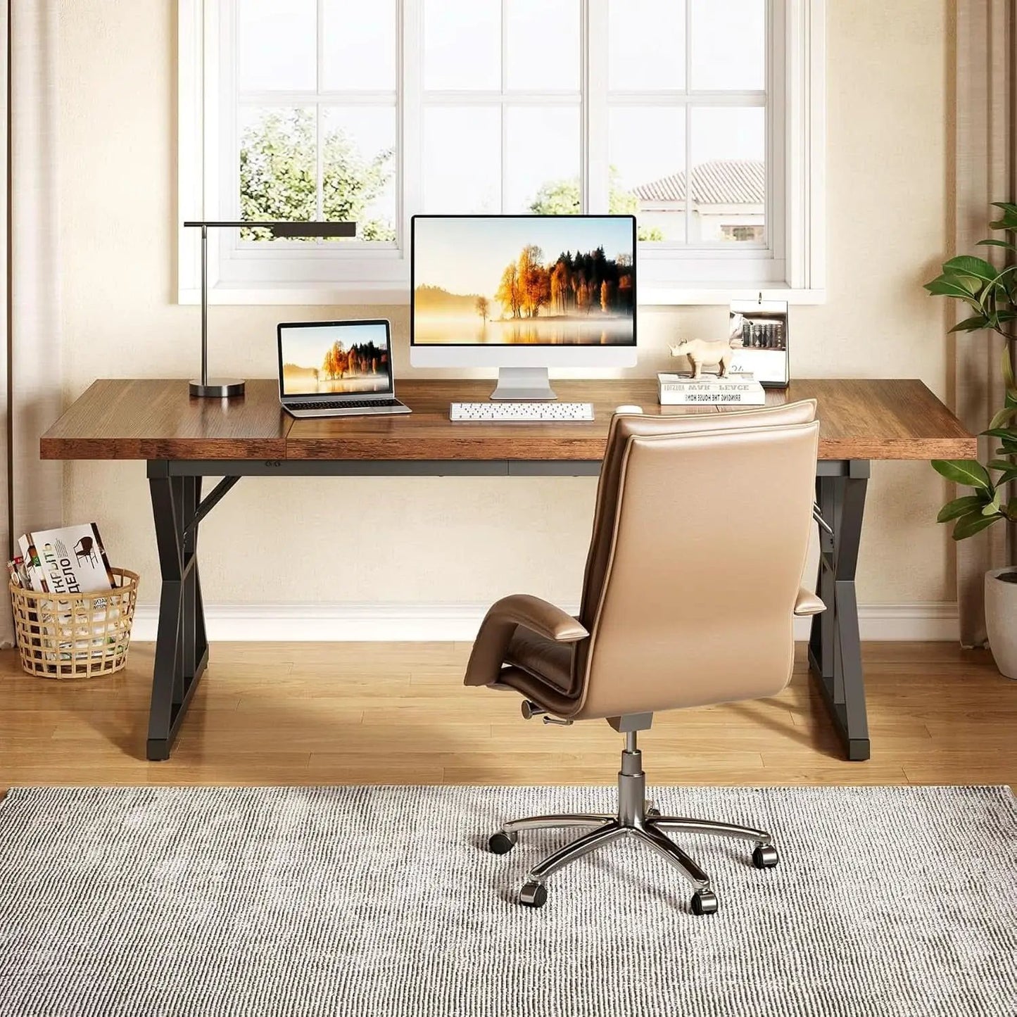 70.8 Inch Modern Executive Desk Brown Black Wood Office from PriceLows™