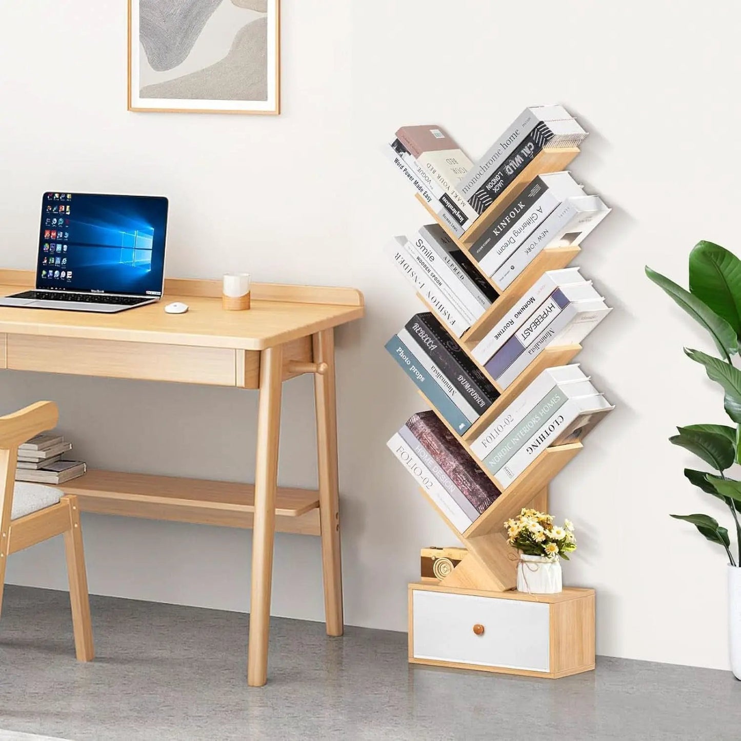 8 Tier Tree Bookshelf With Drawer Natural Wood Bookcase from PriceLows™