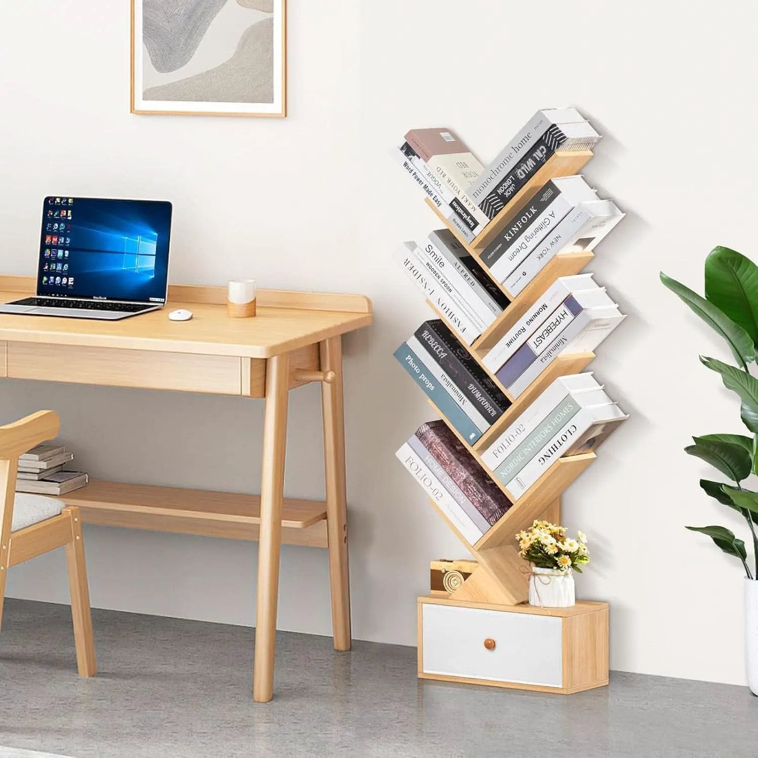 8 Tier Tree Bookshelf With Drawer Natural Wood Bookcase from PriceLows™