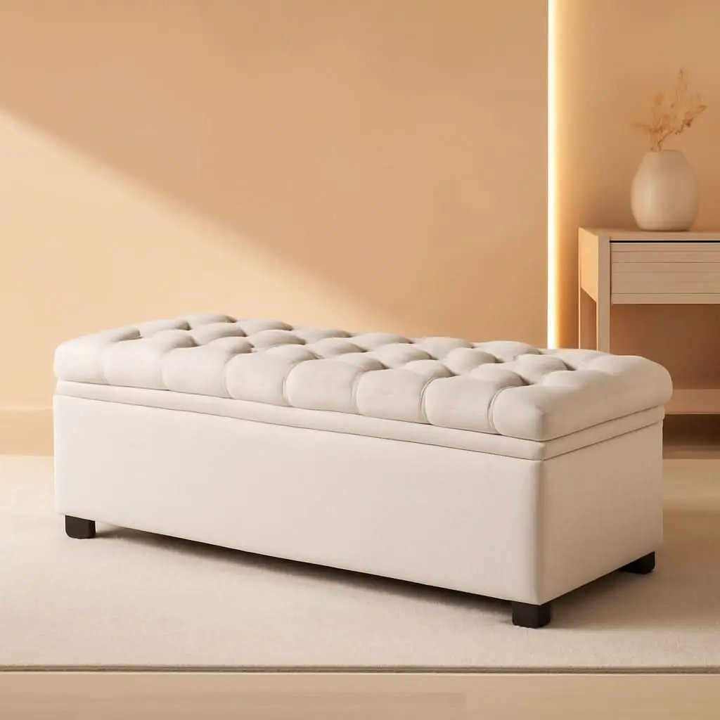 50 Inch Beige Tufted Storage Ottoman Bench Upholstered from PriceLows™