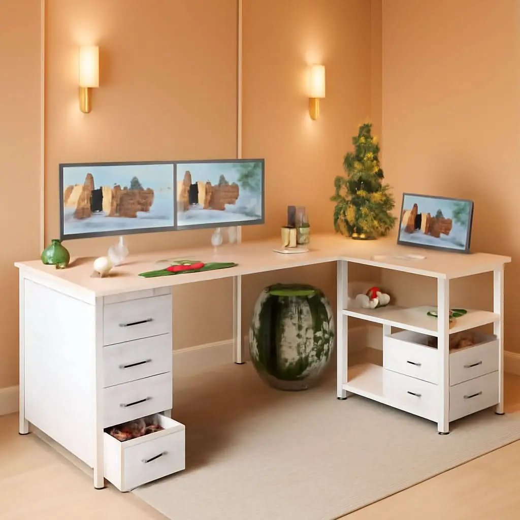 L Shaped Computer Desk 6 Drawers Power Outlet 55In White from PriceLows™