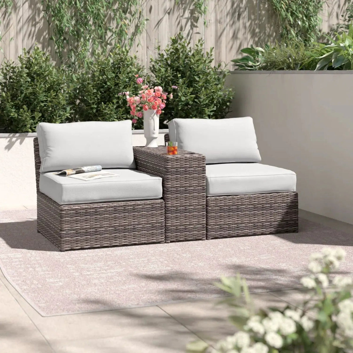 2 Person Wicker Conversation Set | Cushions Included | Integrated Cup Holders | Handwoven HDPE