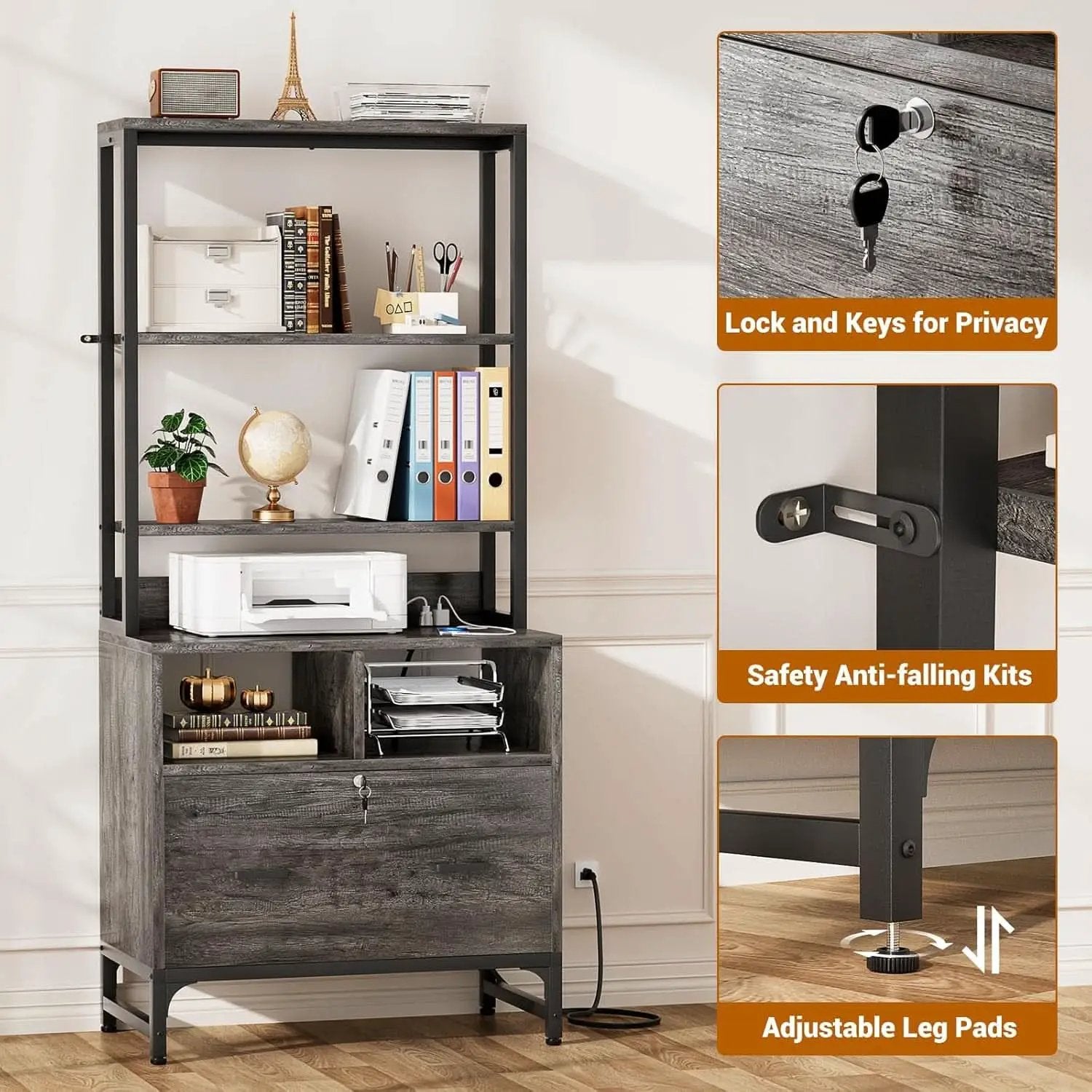 Grey File Cabinet With Charging Station And Locking Drawer from PriceLows™