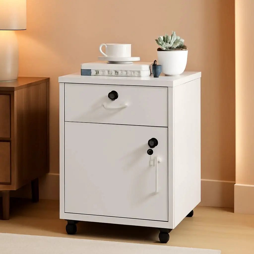 White Mobile File Cabinet With Lockable Drawer And Door from PriceLows™