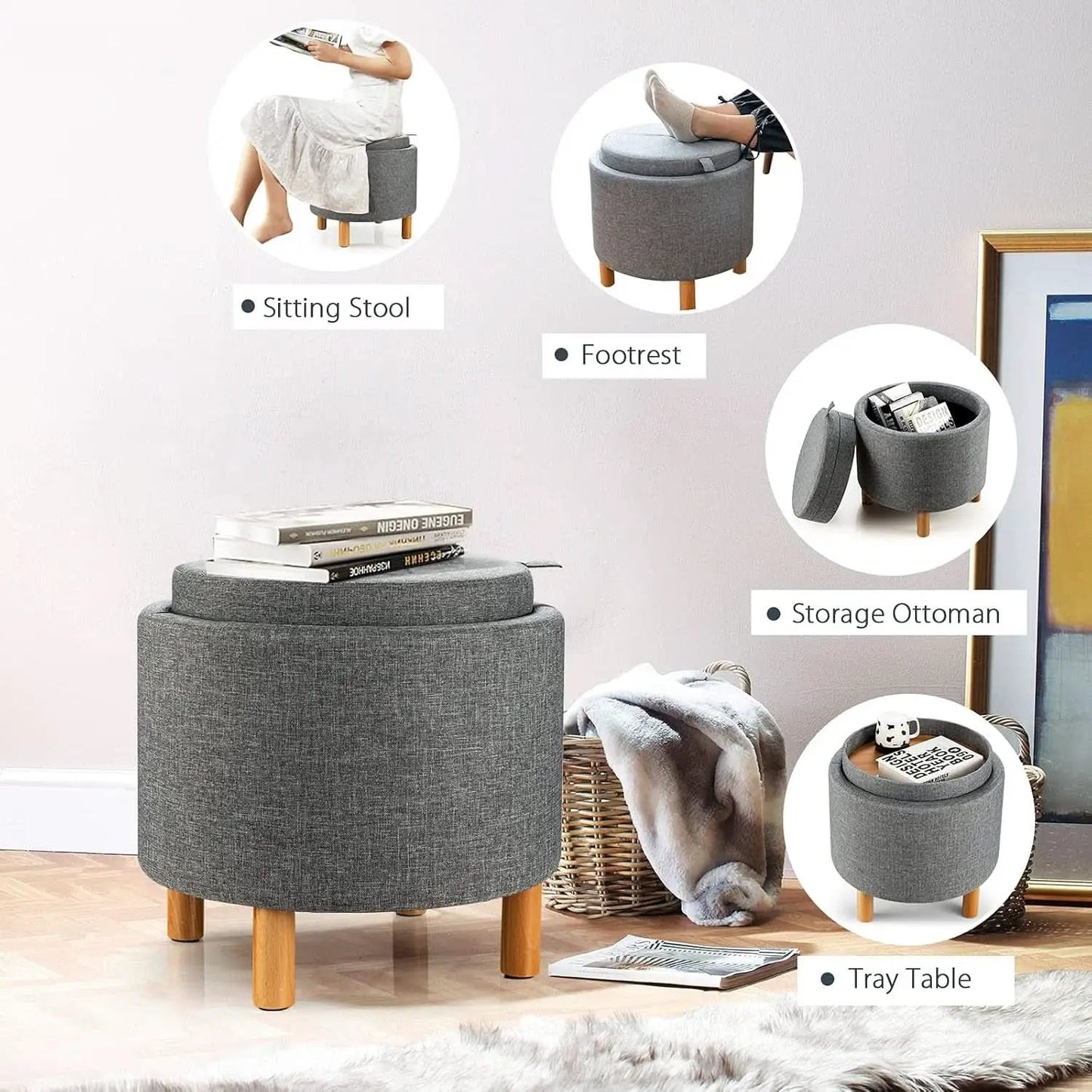 Grey Premium Microfiber Storage Ottoman Large Tray from PriceLows™