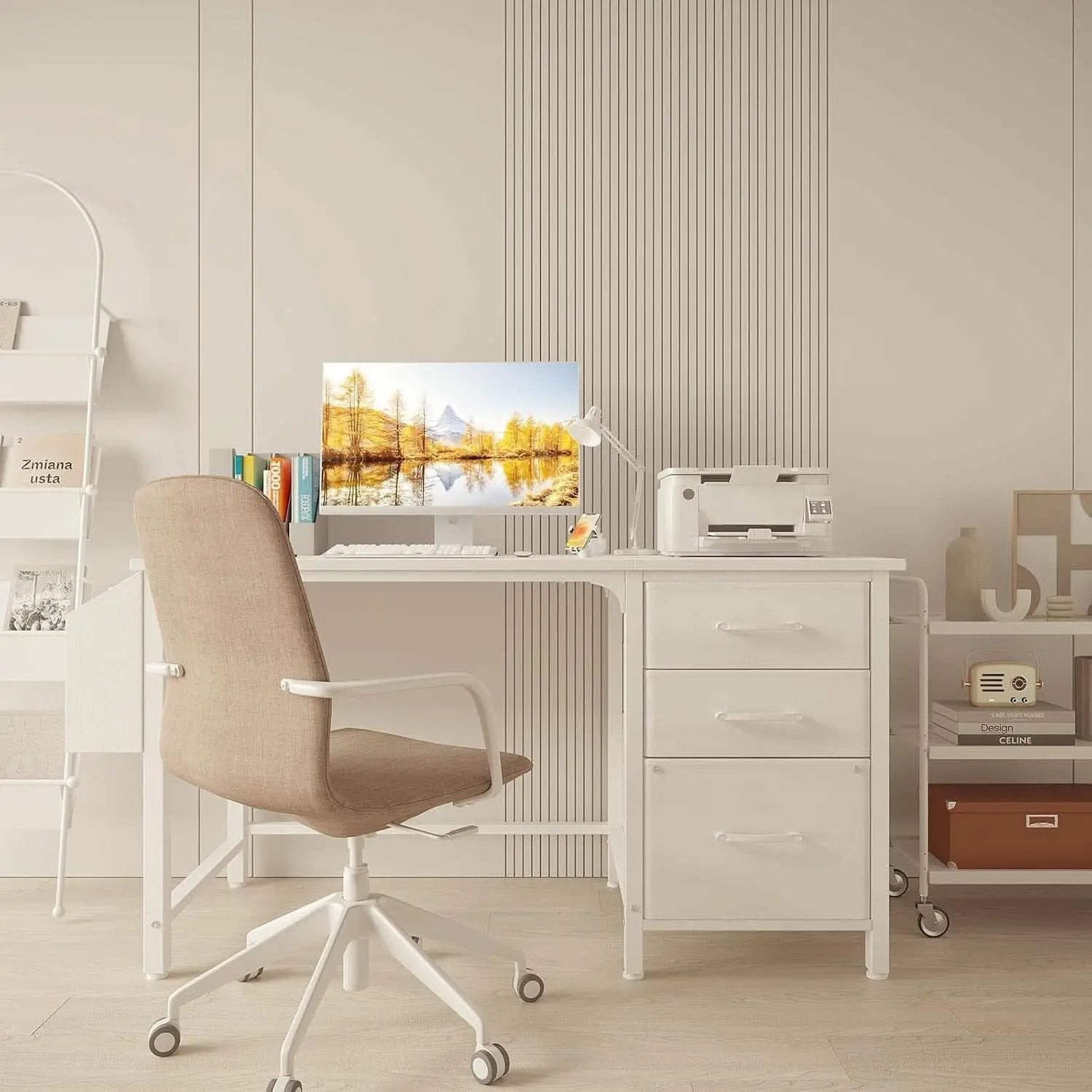47 Inch White Computer Desk With Fabric File Drawers from PriceLows™
