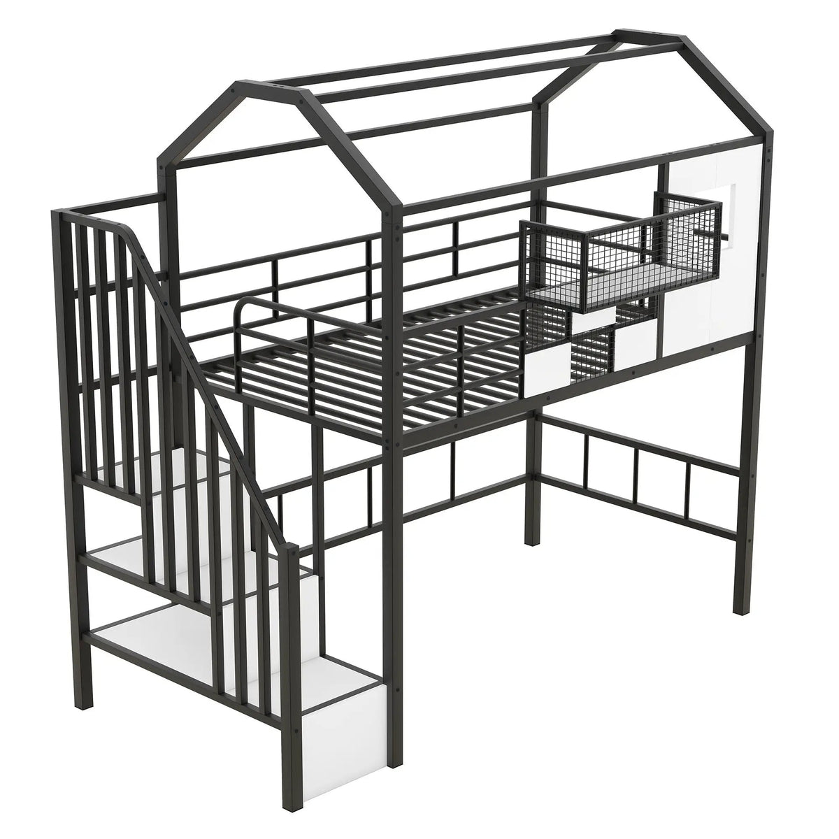 Metal Loft Bed | Roof Design | Storage Box | Integrated Ladder