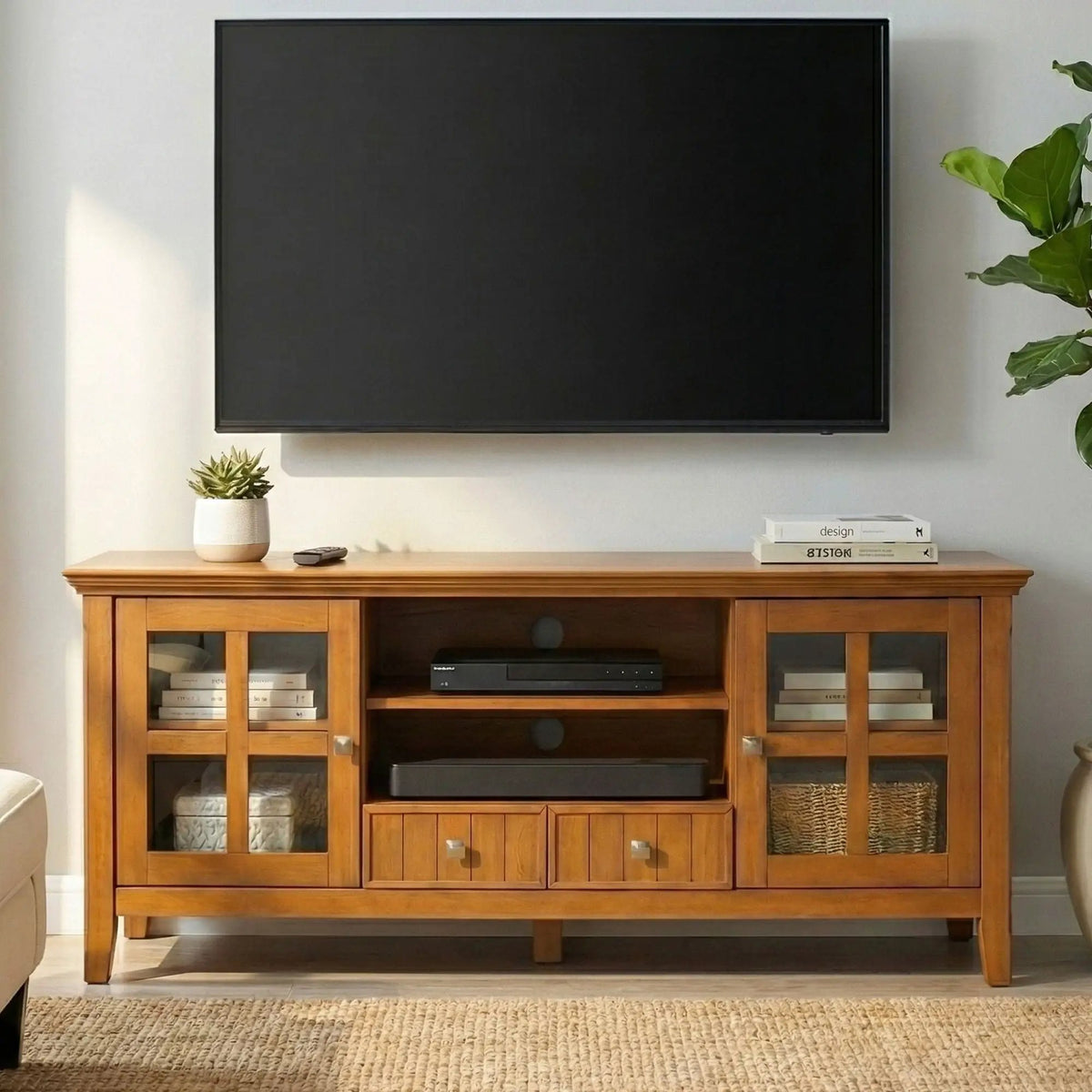 Acadian TV Media Stand | Handcrafted Solid Wood | 2 Bottom Drawers | Tempered Glass Side Cabinets