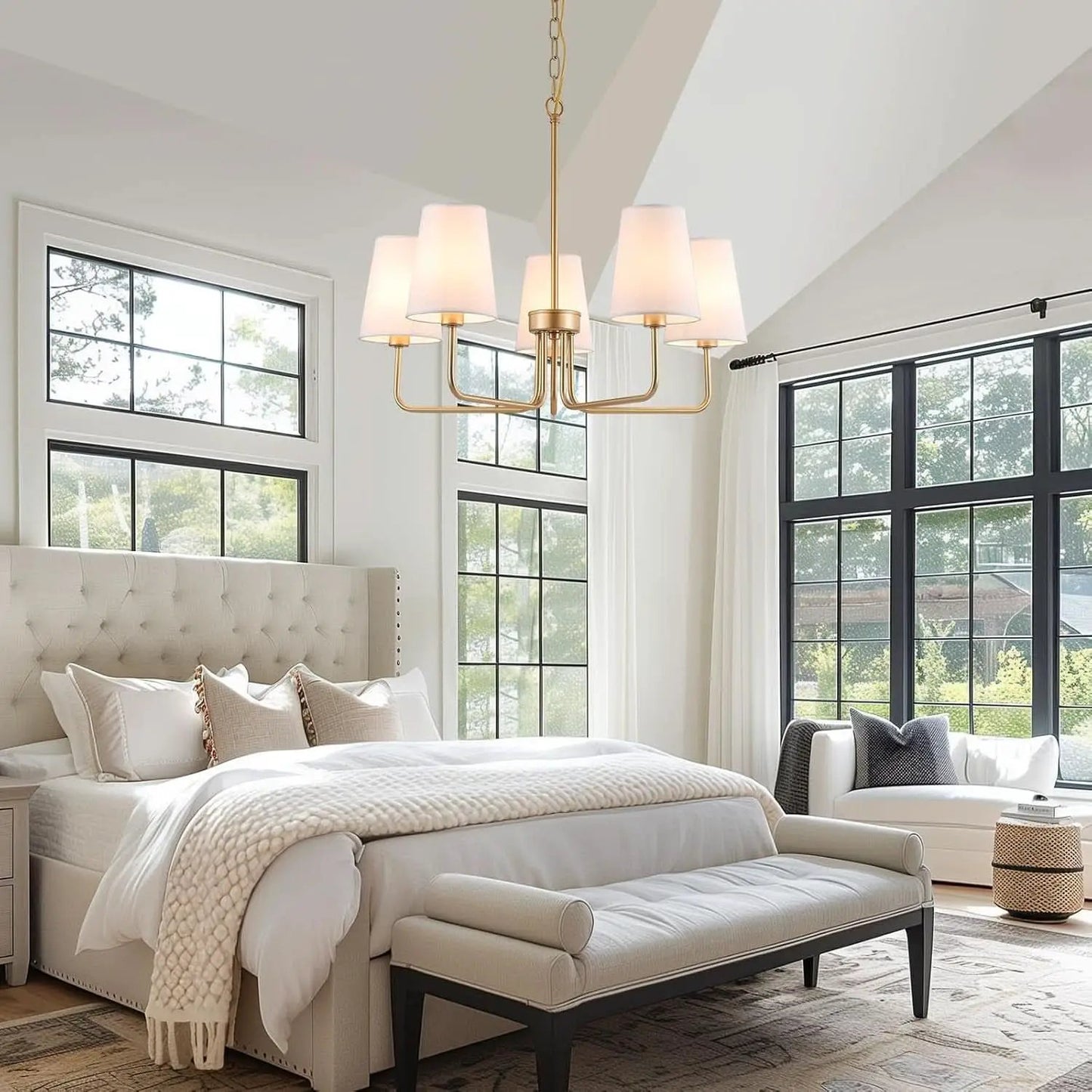 Five Light Gilded Farmhouse Chandelier With White Shades from PriceLows™