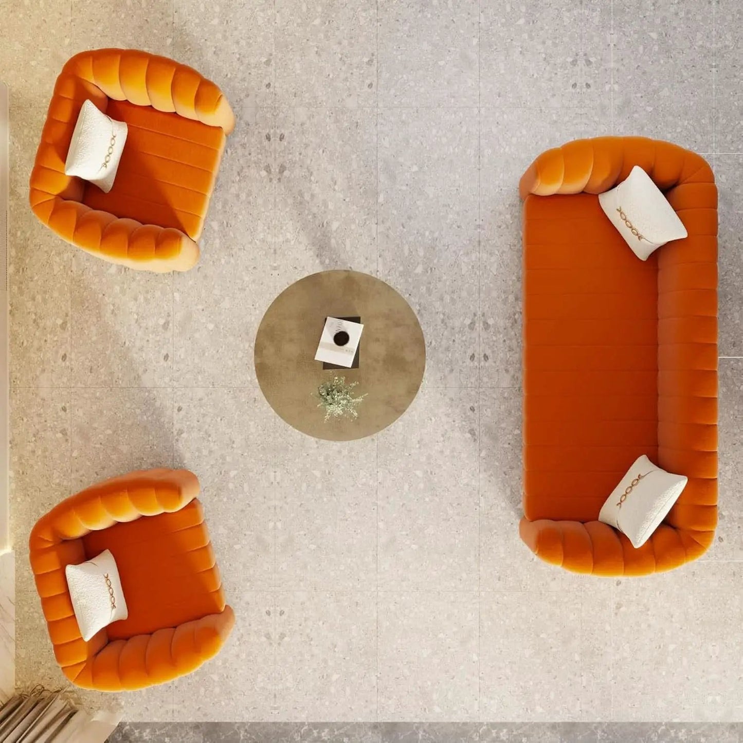Orange Velvet Tufted Sofa Set With Gold Ball Legs Modern from PriceLows™
