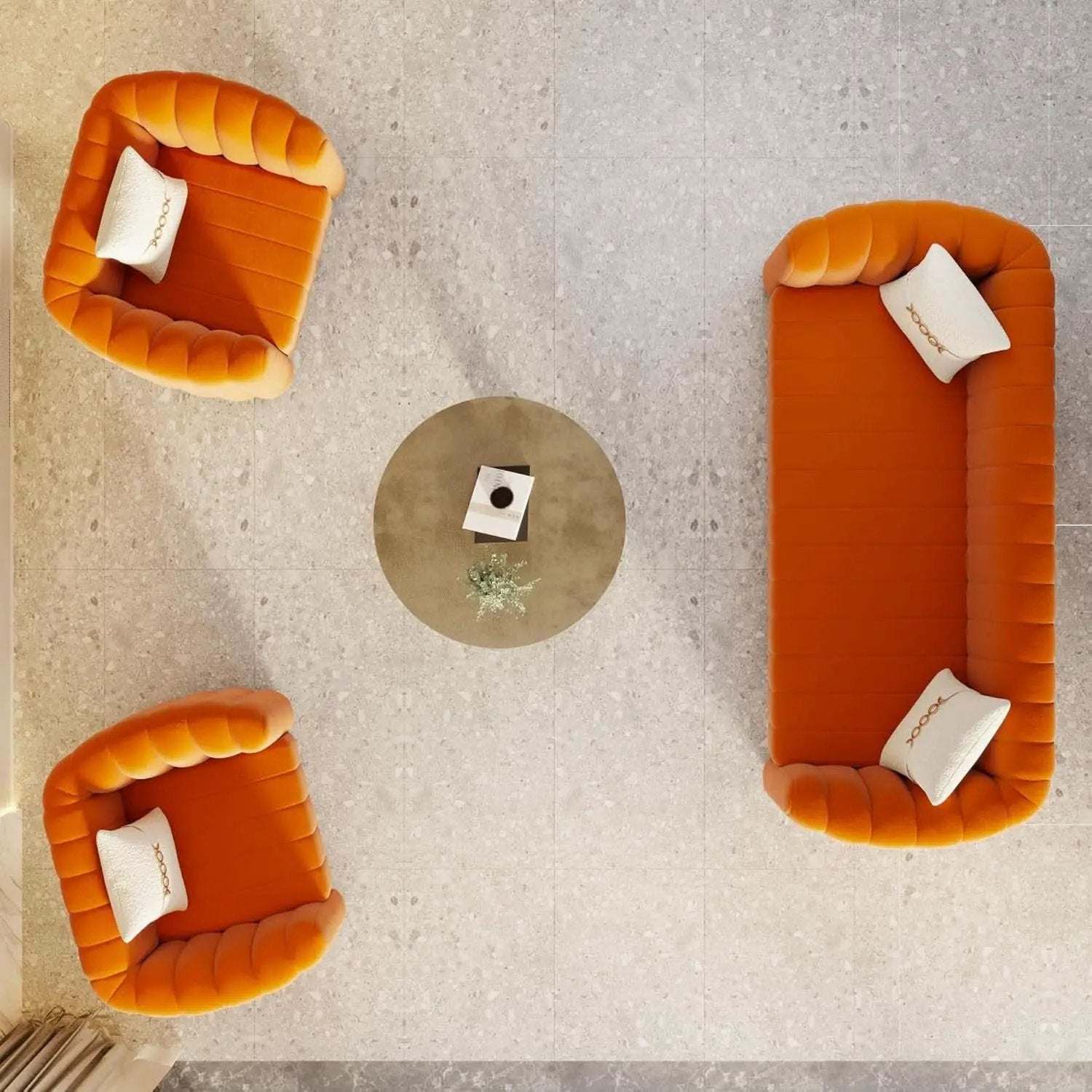 Orange Velvet Tufted Sofa Set With Gold Ball Legs Modern from PriceLows™