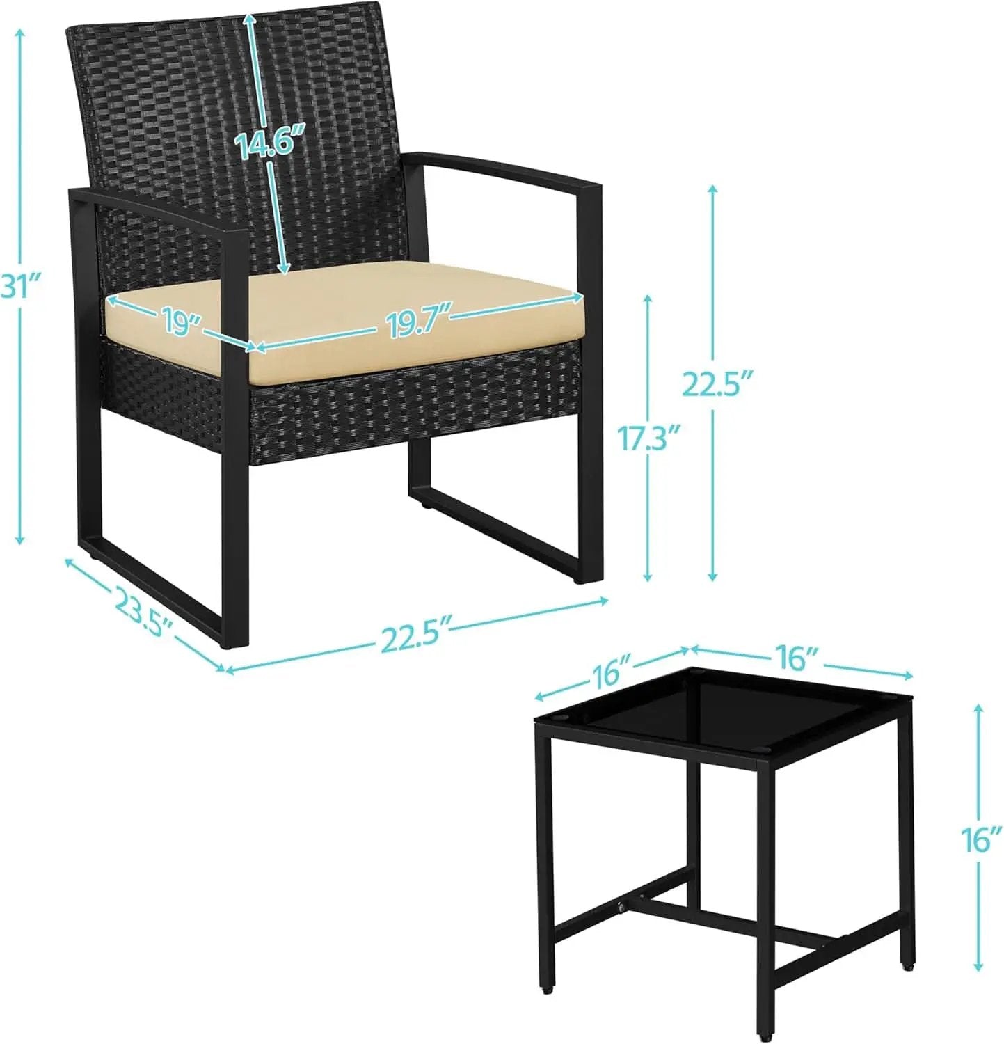 3 Piece Rattan Bistro Set Outdoor Furniture With 2 Chairs And Tempered Glass Coffee Table Black And Khaki from PriceLows™