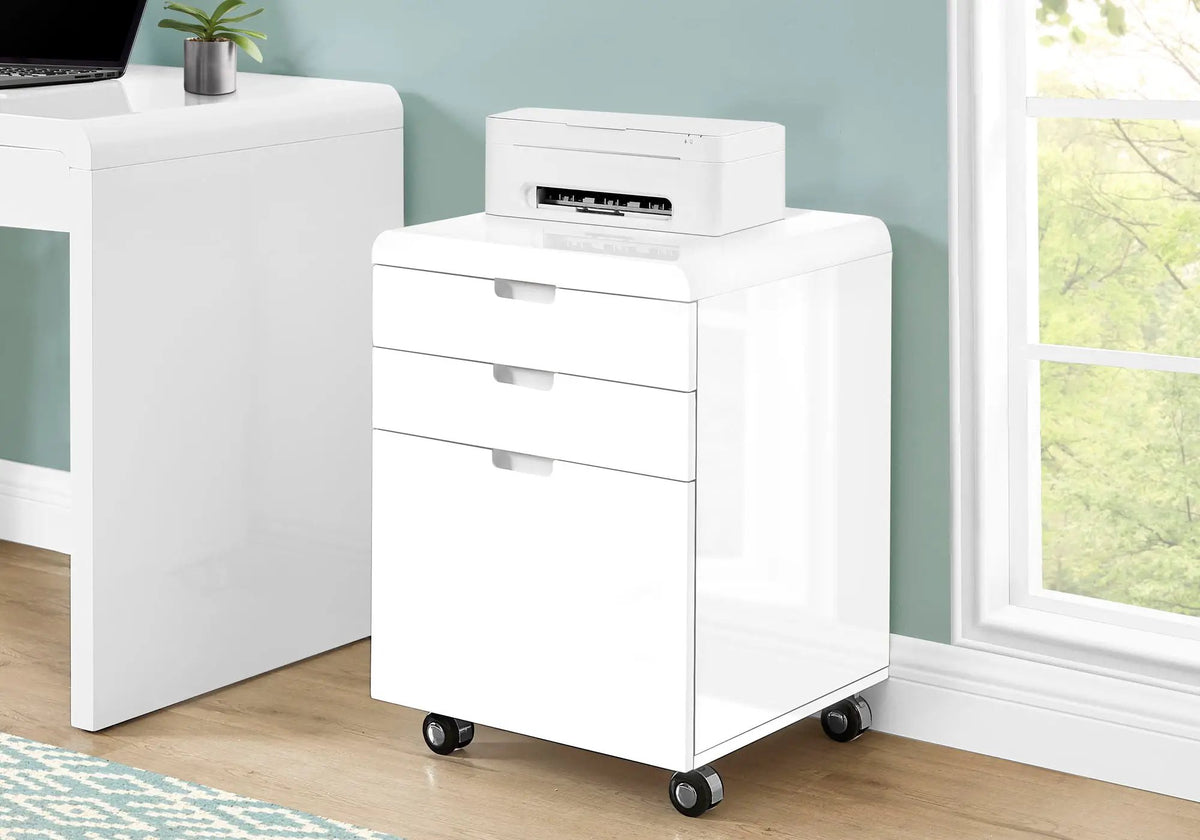 Glossy White File Cabinet | Rolling Mobile | Printer Stand | Inset Drawer Handles