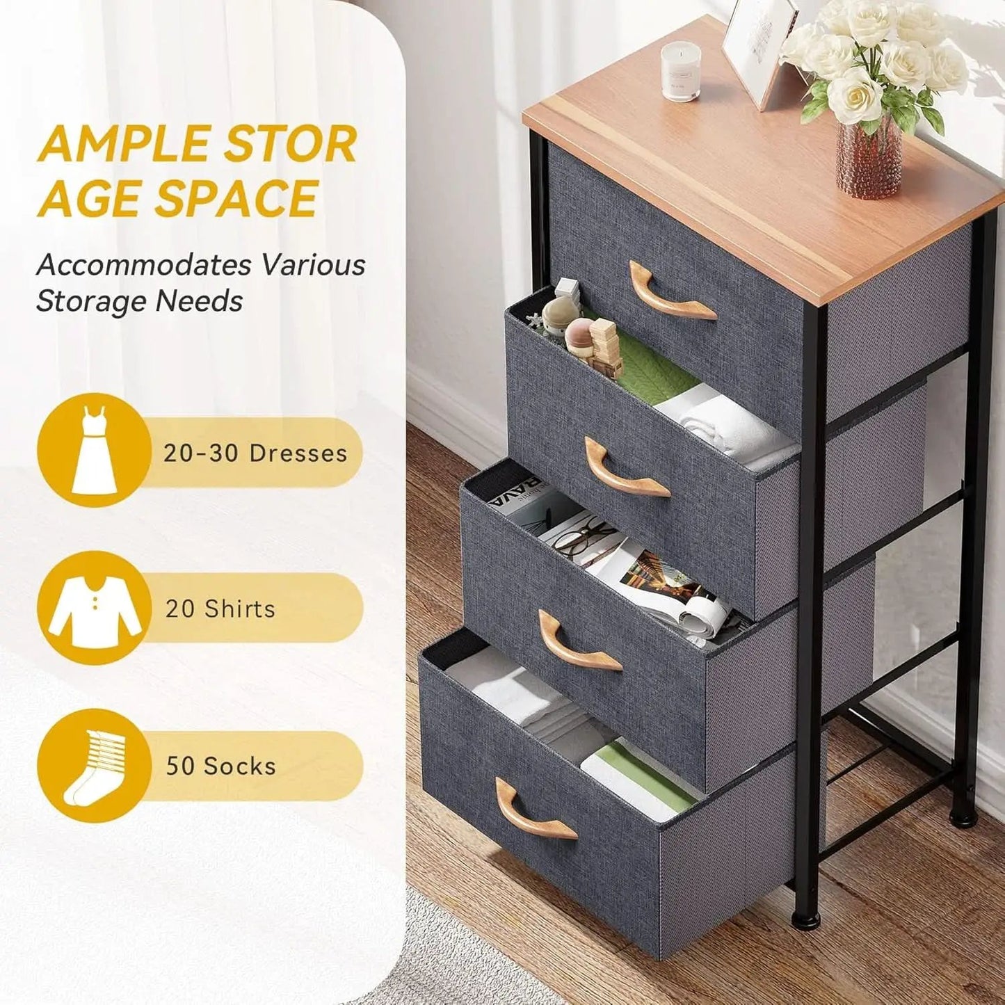 4 Drawer Dresser With Wooden Top And Fabric Storage from PriceLows™