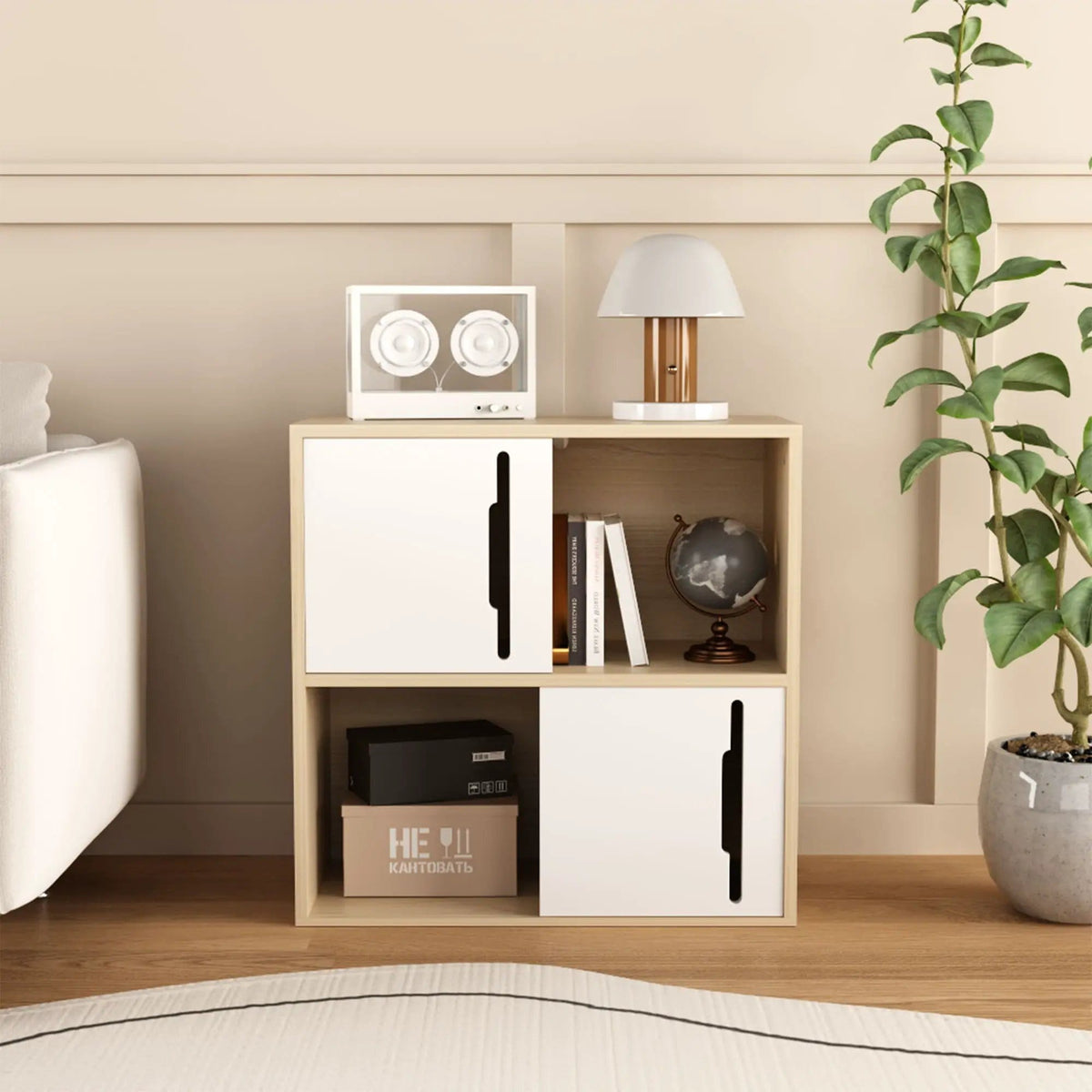 Storage Cabinet With Sliding Doors, 2 Tier Open And Closed Shelves Organizer Natural | 23.62 x 11.81 x 23.62 in | Mdf & Wood | White
