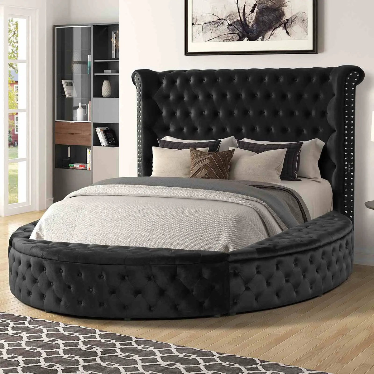Glam Round Bed | Button Tufted Wingback Headboard | Storage | USB Ports