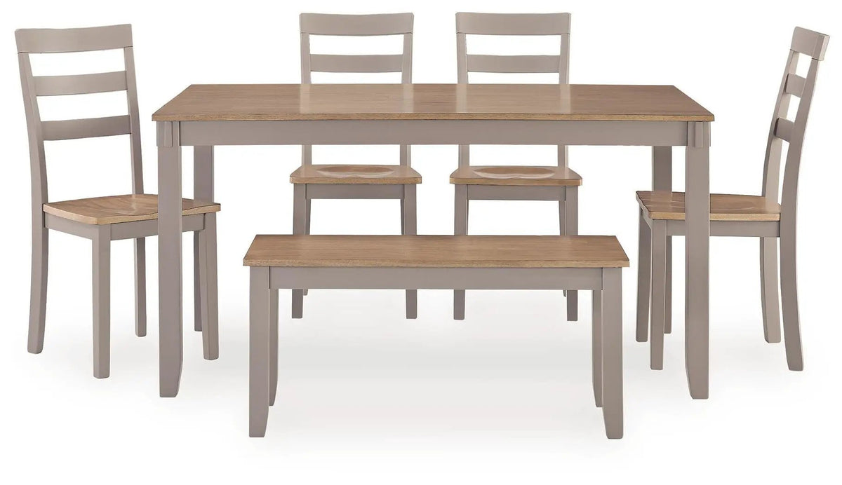 Dining Table Set | 6 Piece | Natural Gray Finish | With Bench And Chairs
