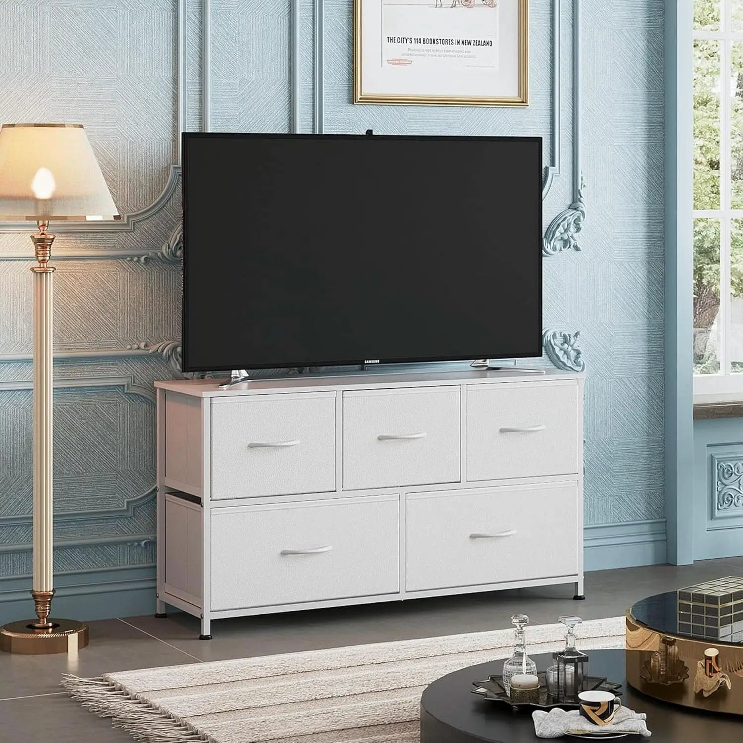 White TexturedFabric Dresser With Five Deep Drawers from PriceLows™