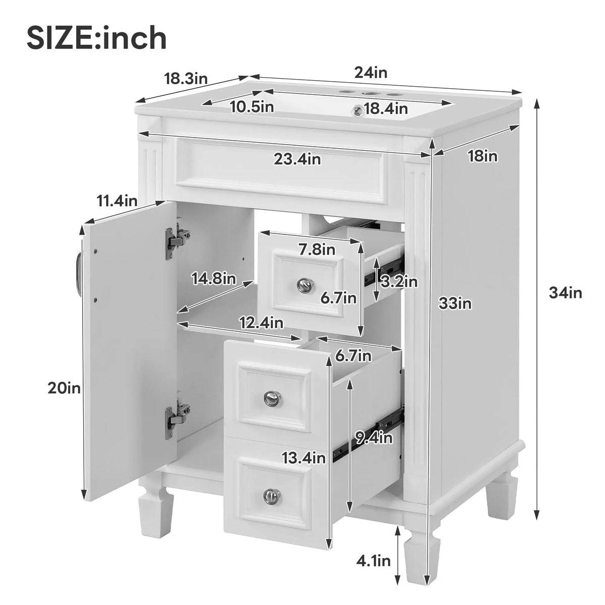 24 Inch Compact Bathroom Vanity | 2 Deep Drawers | Adjustable Shelf | Retro Button Handles