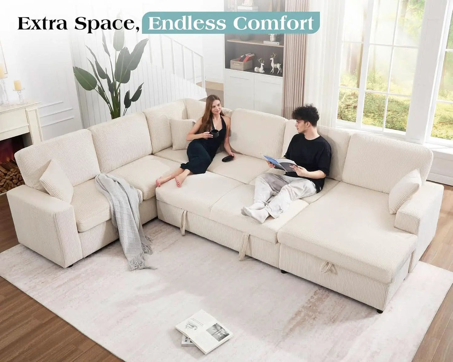 130 Inch Beige Corduroy Sectional Sofa Bed Storage Compartment from PriceLows™