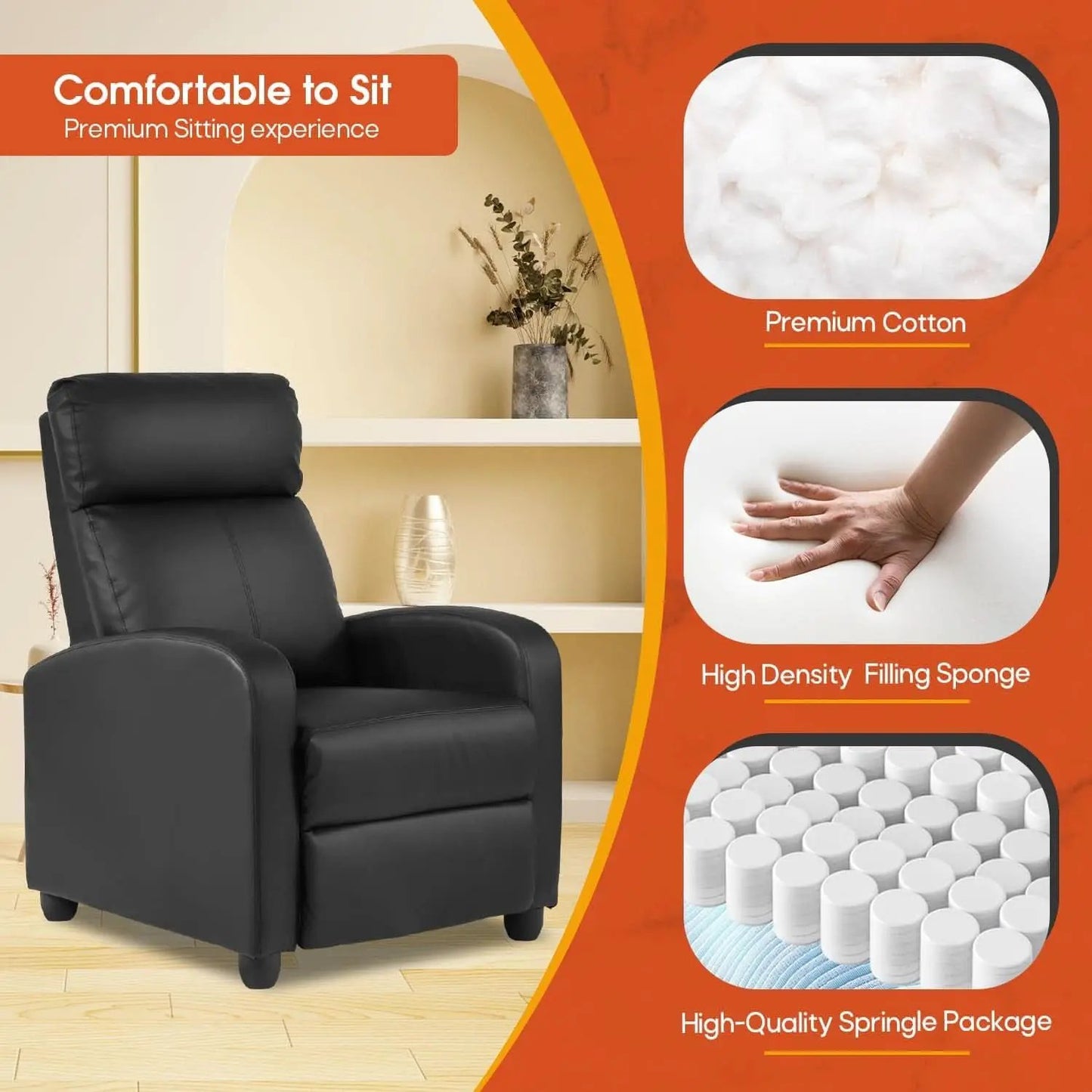 PU Leather Recliner Chair Black With Lumbar Support from PriceLows™