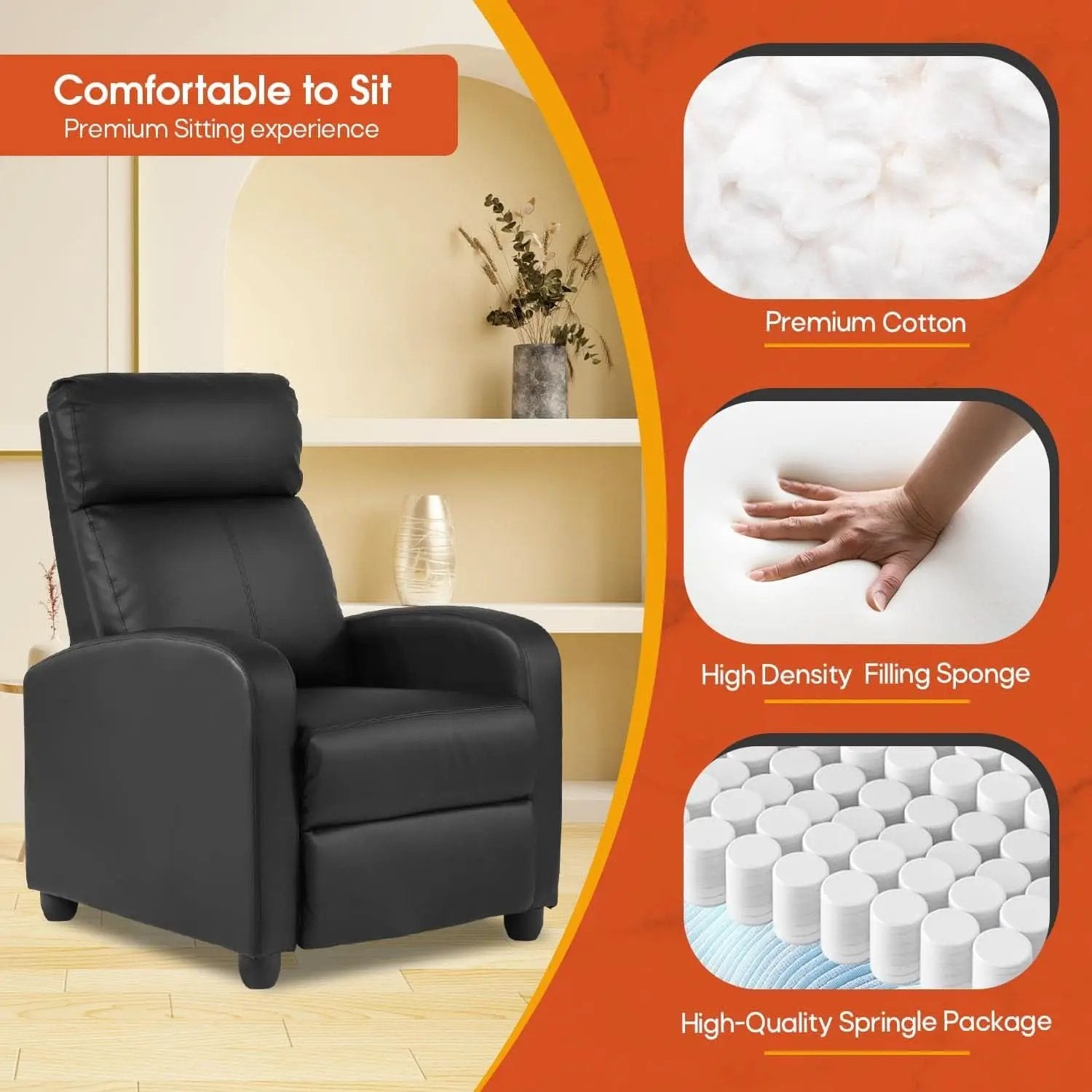 PU Leather Recliner Chair Black With Lumbar Support from PriceLows™