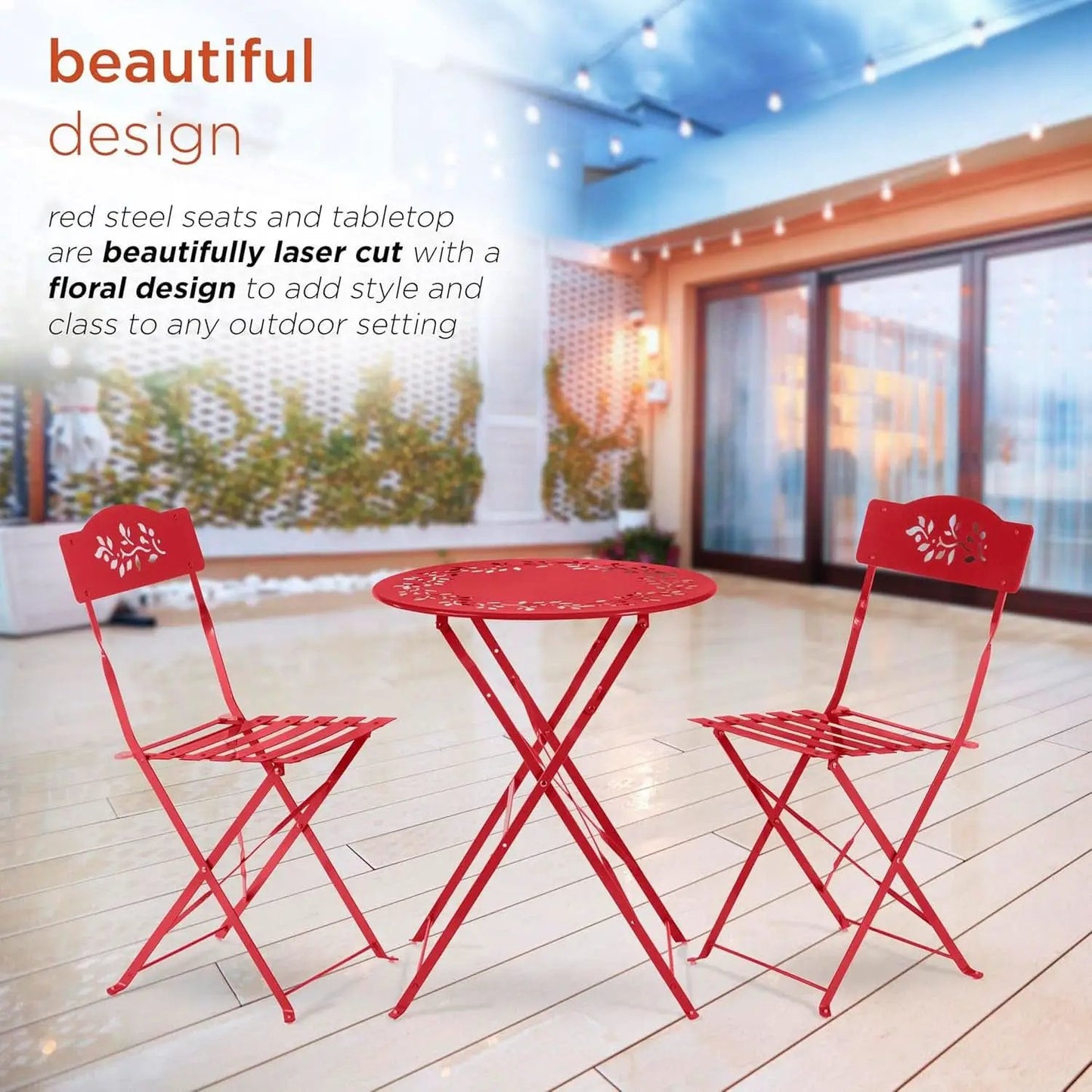 Indoor Outdoor 3 Piece Folding Bistro Set Red Table Chairs from PriceLows™