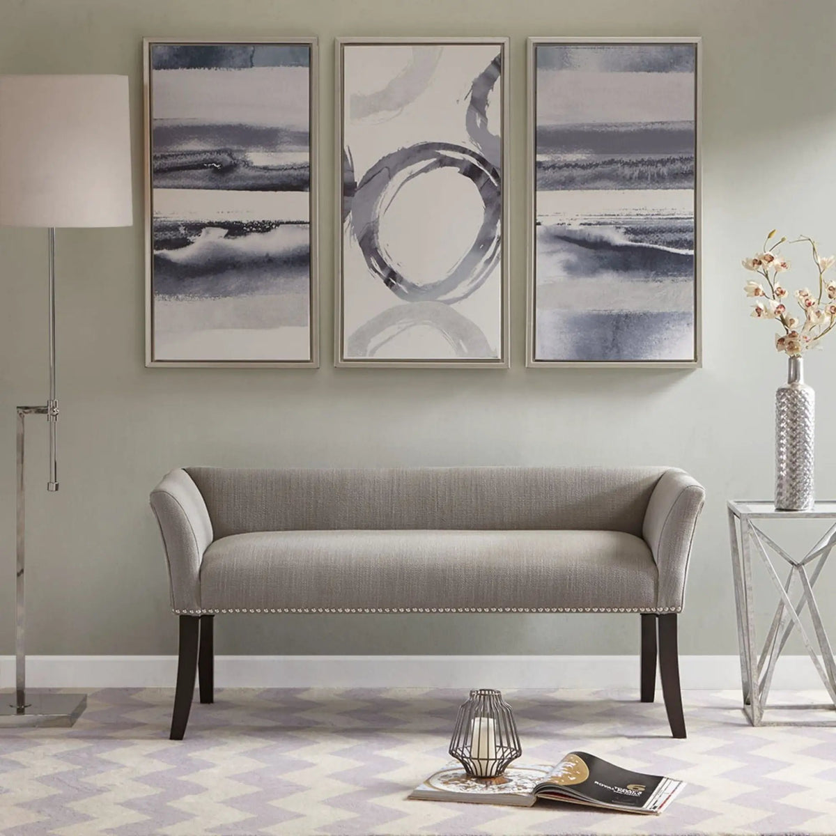 Upholstered Bench | Solid Wood Frame | Low Back And Flared Arms | Nailhead Trim