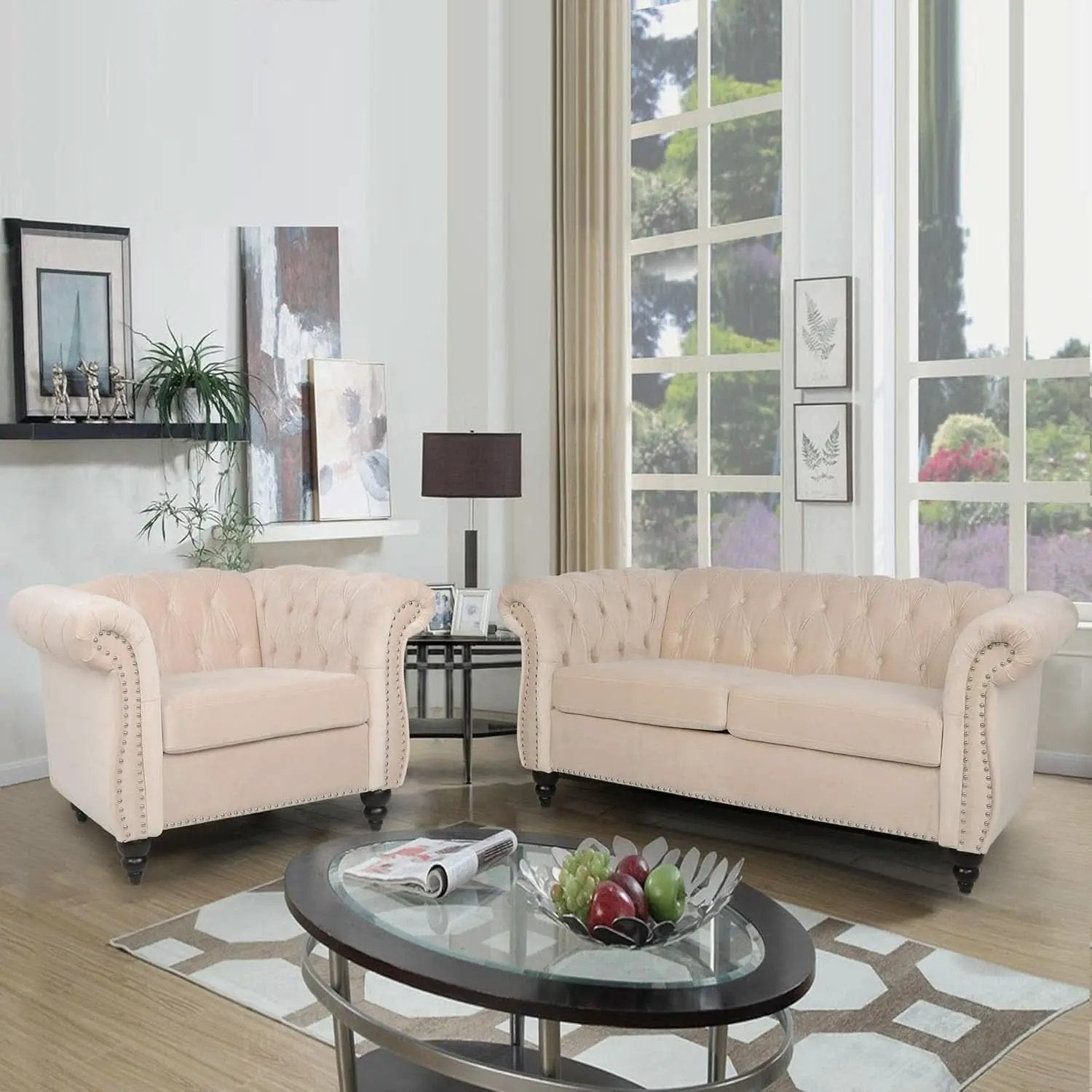 Three Piece Velvet Chesterfield Living Room Sofa Set Beige With Club Chair And Loveseat from PriceLows™