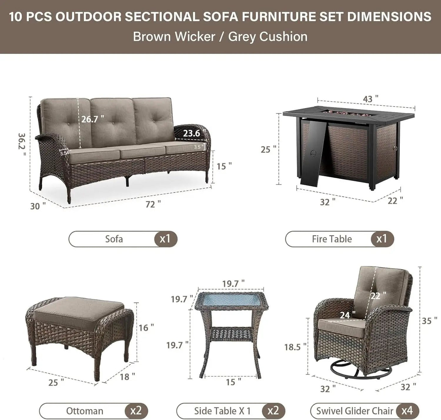 Outdoor Patio Furniture Set With 43In Fire Pit Table Brown from PriceLows™