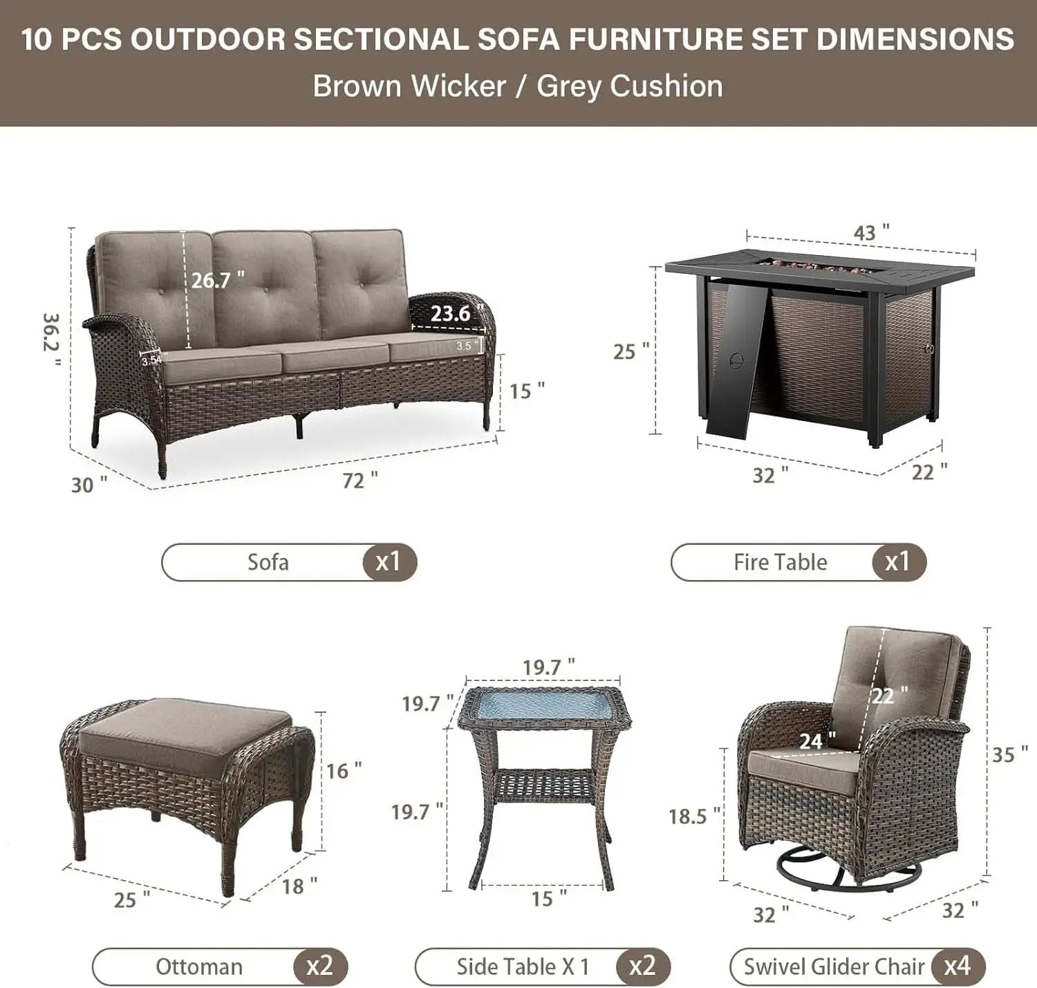 Outdoor Patio Furniture Set With 43In Fire Pit Table Brown from PriceLows™