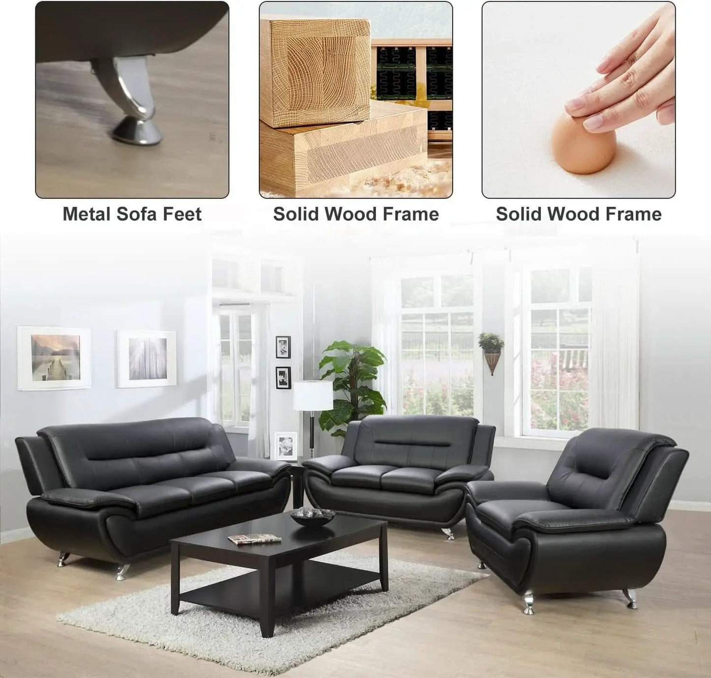 Leather Sofa and Loveseat Set for Living Room Black Leather Furniture from PriceLows™