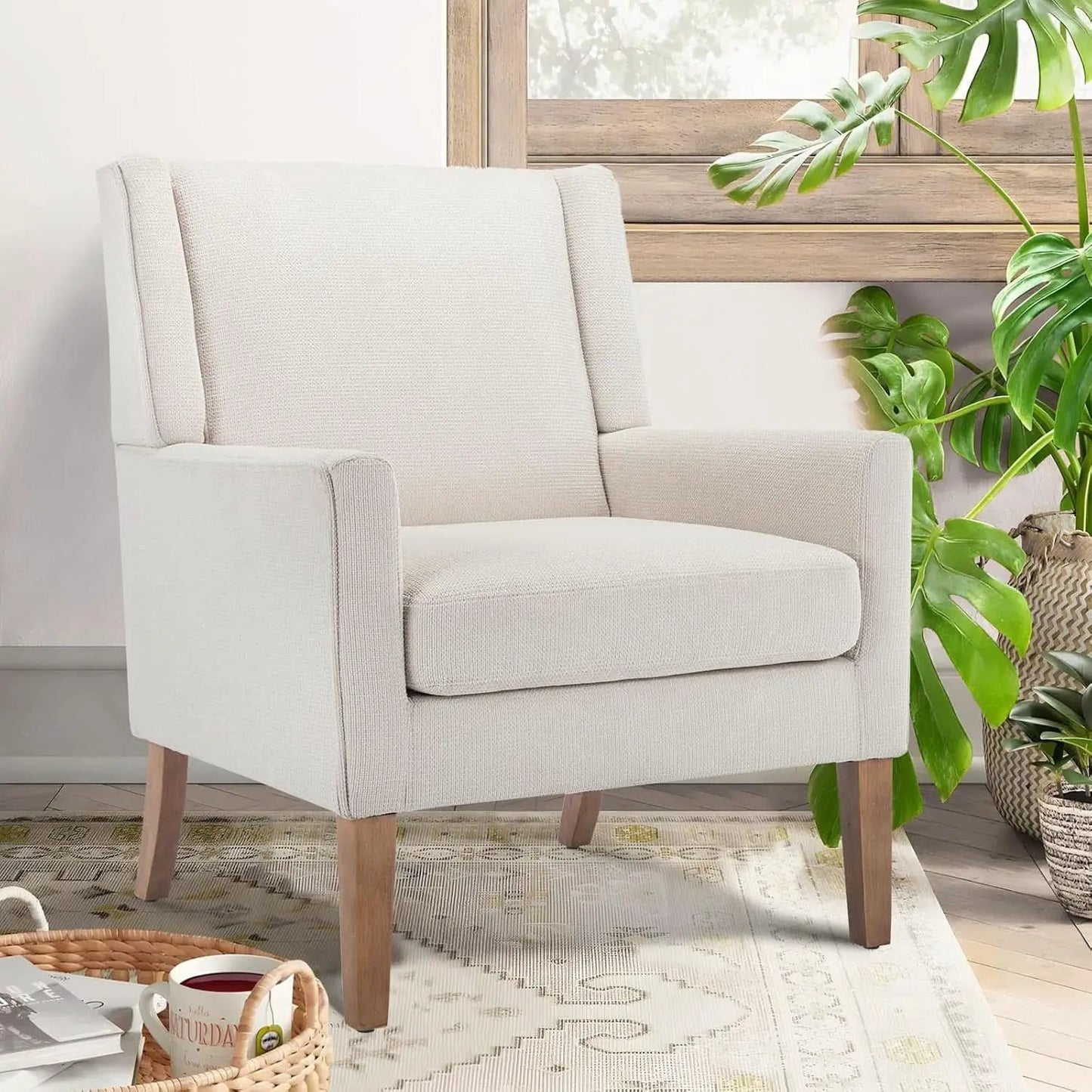Beige Wingback Chairs With Wood Legs For Living Room from PriceLows™