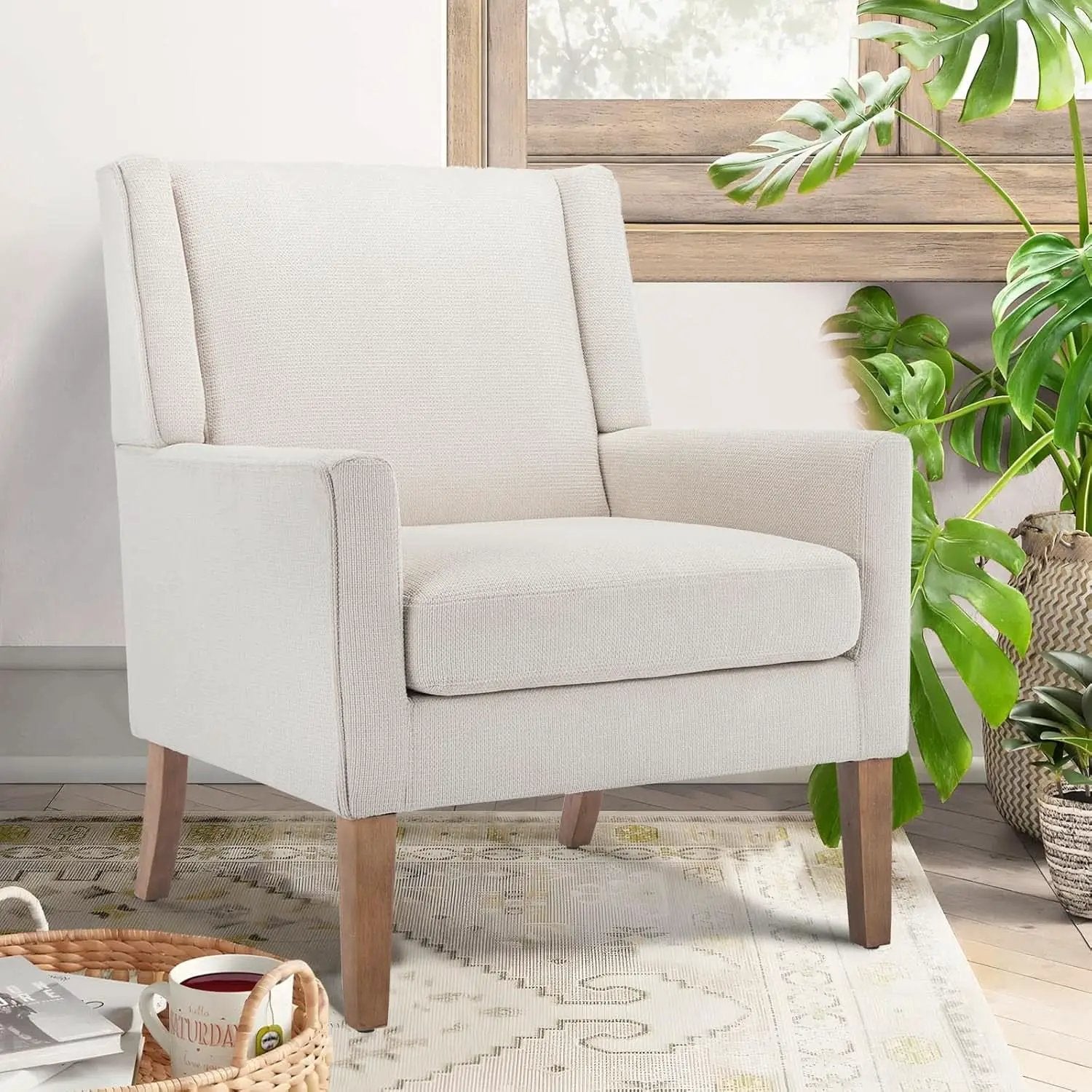 Beige Wingback Chairs With Wood Legs For Living Room from PriceLows™