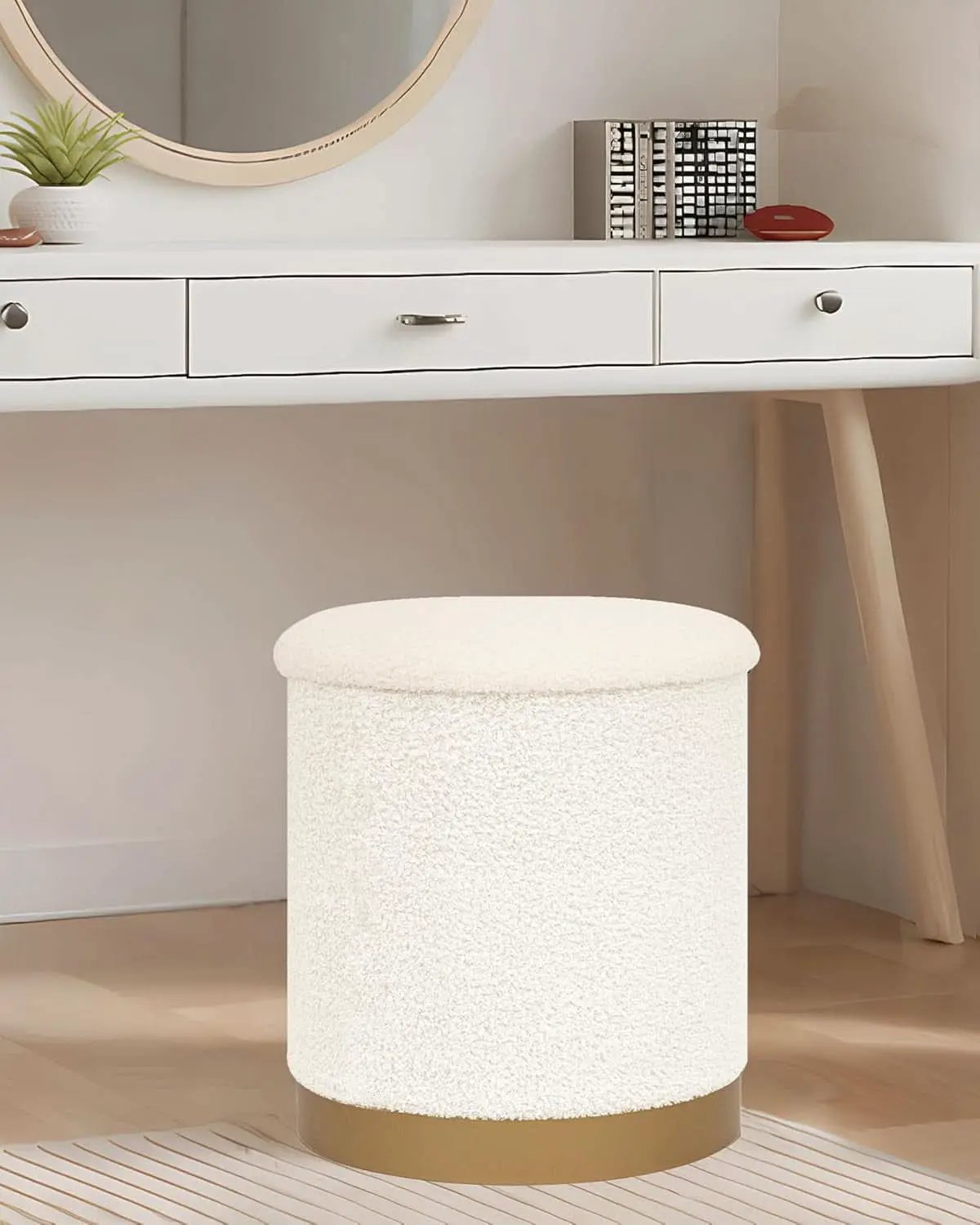 Round White Storage Space Ottoman Gold Plated Base Frame from PriceLows™