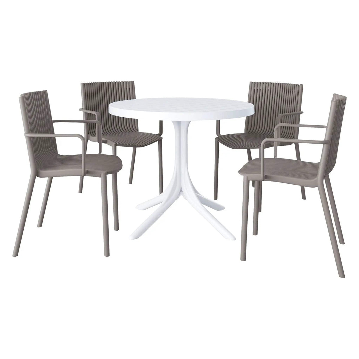 4 Modern Stackable Plastic Armchair Matched With Round Table 5 Piece Outdoor Set | 5 Piece Outdoor Set | Outdoor Living Furniture | Outdoor Living