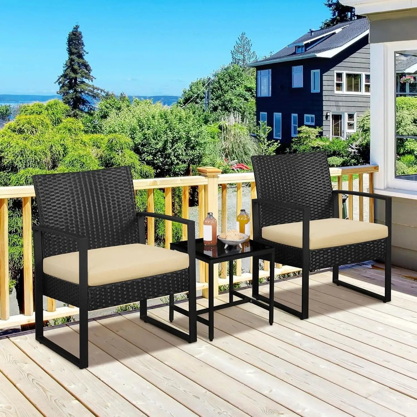 3 Piece Rattan Bistro Set Outdoor Furniture With 2 Chairs And Tempered Glass Coffee Table Black And Khaki from PriceLows™