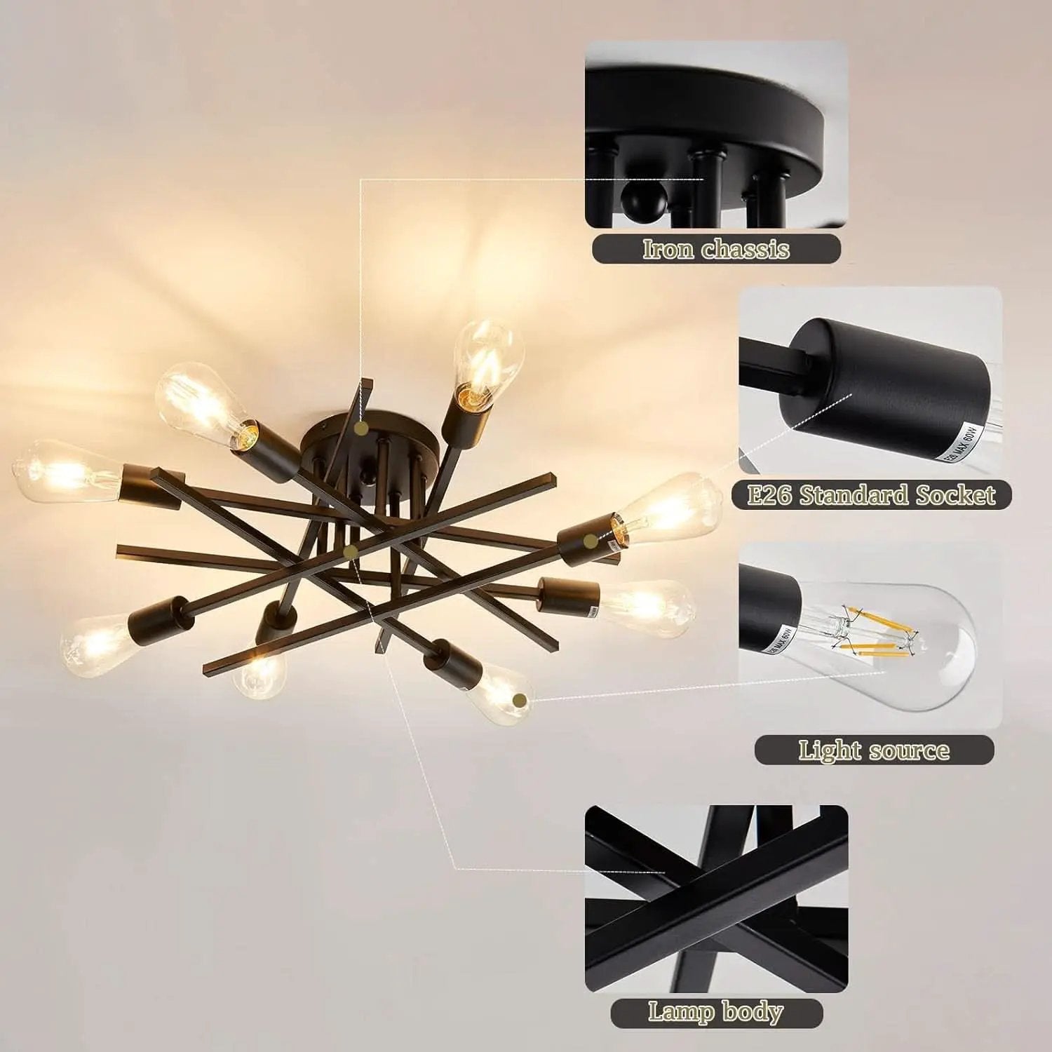 8 Light Matte Black Sputnik Chandelier Semi Flush Mount from PriceLows™