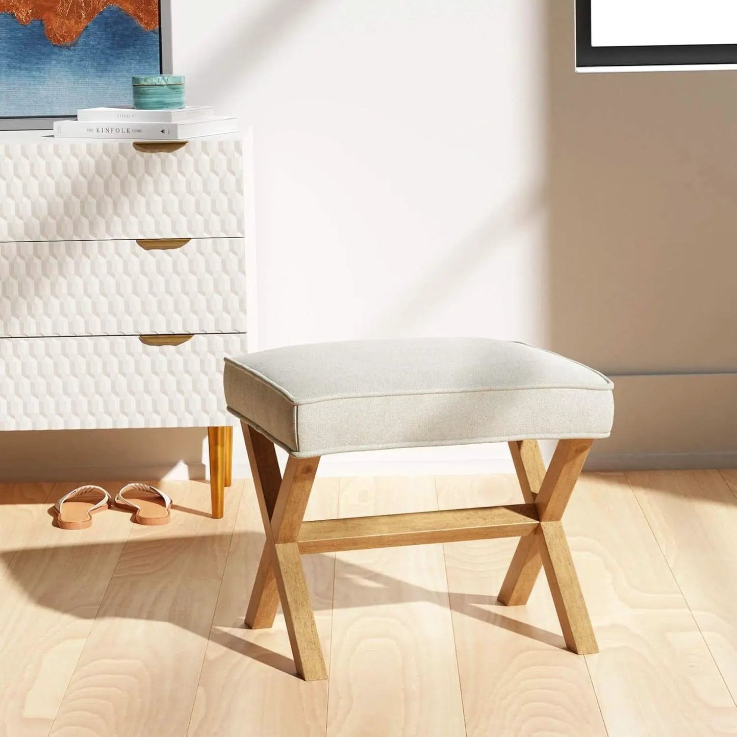 Small Ivory Upholstered Ottoman Footrest With Xframe