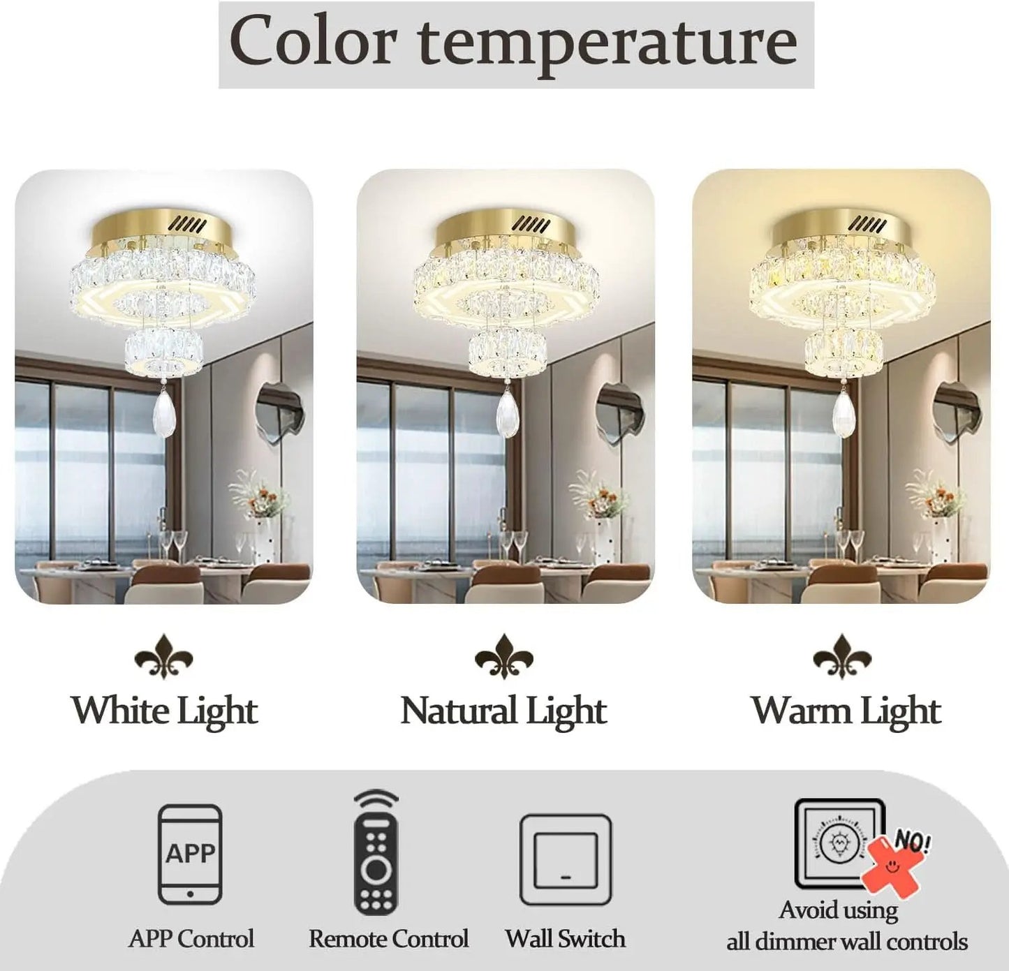 Gold Crystal Chandelier 12 Inch Dimmable Flush Mount from PriceLows™