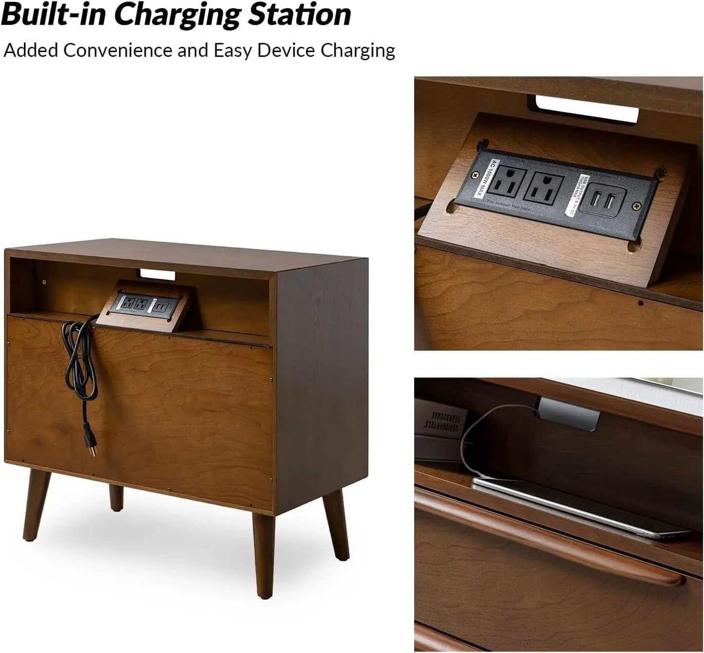 Nightstand With Charging Station Walnut Mid Century Modern from PriceLows™