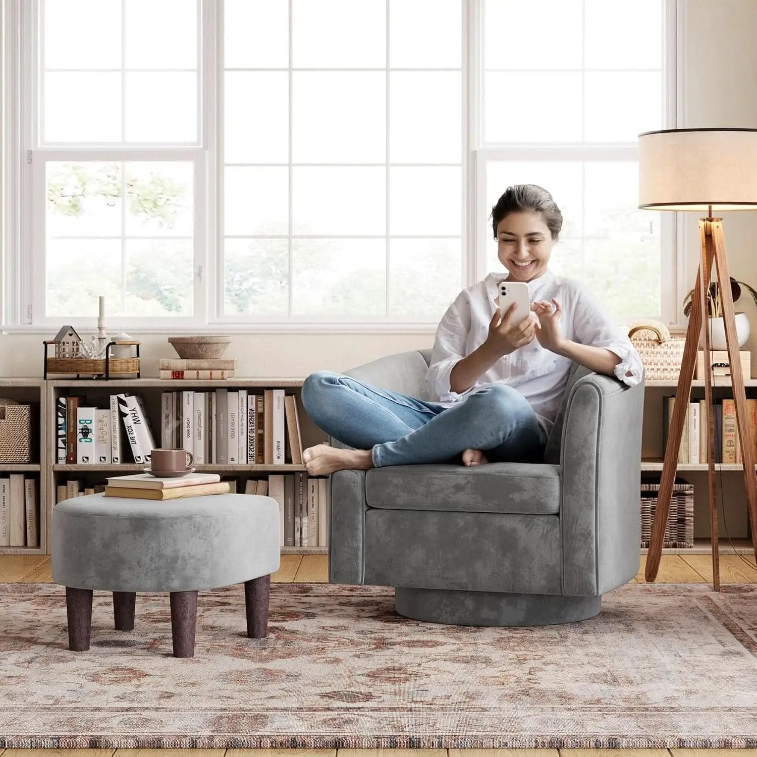 Grey Velvet 360 Swivel Armchair For Small Spaces Modern from PriceLows™